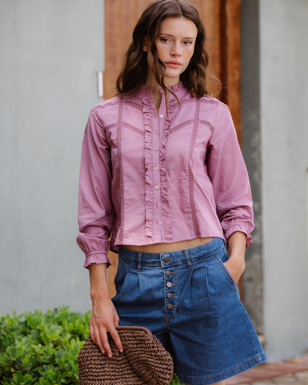 Blouse Dentelle Volant Avant Rose
