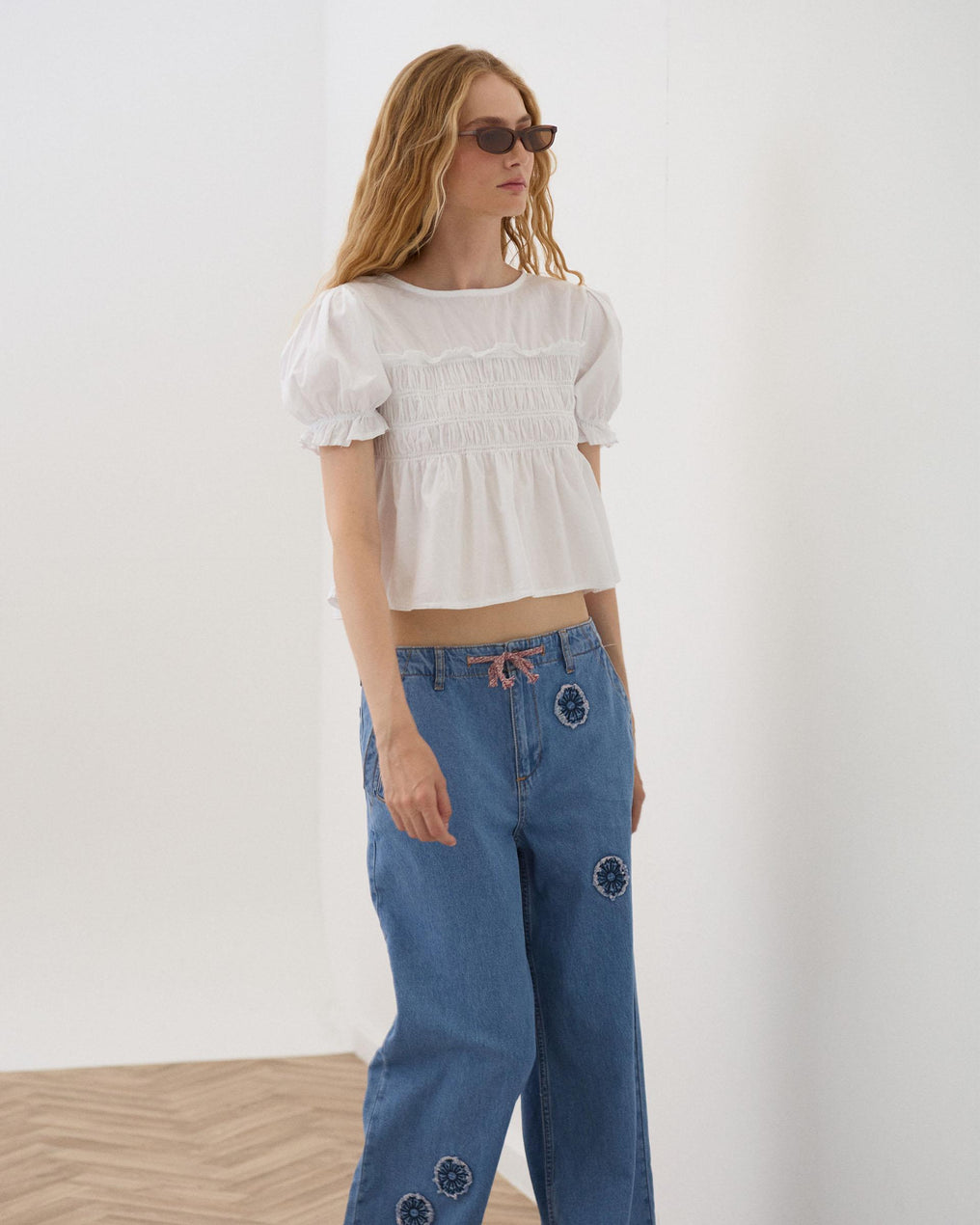 Blusa Manga Abullonada Gomas Blanca