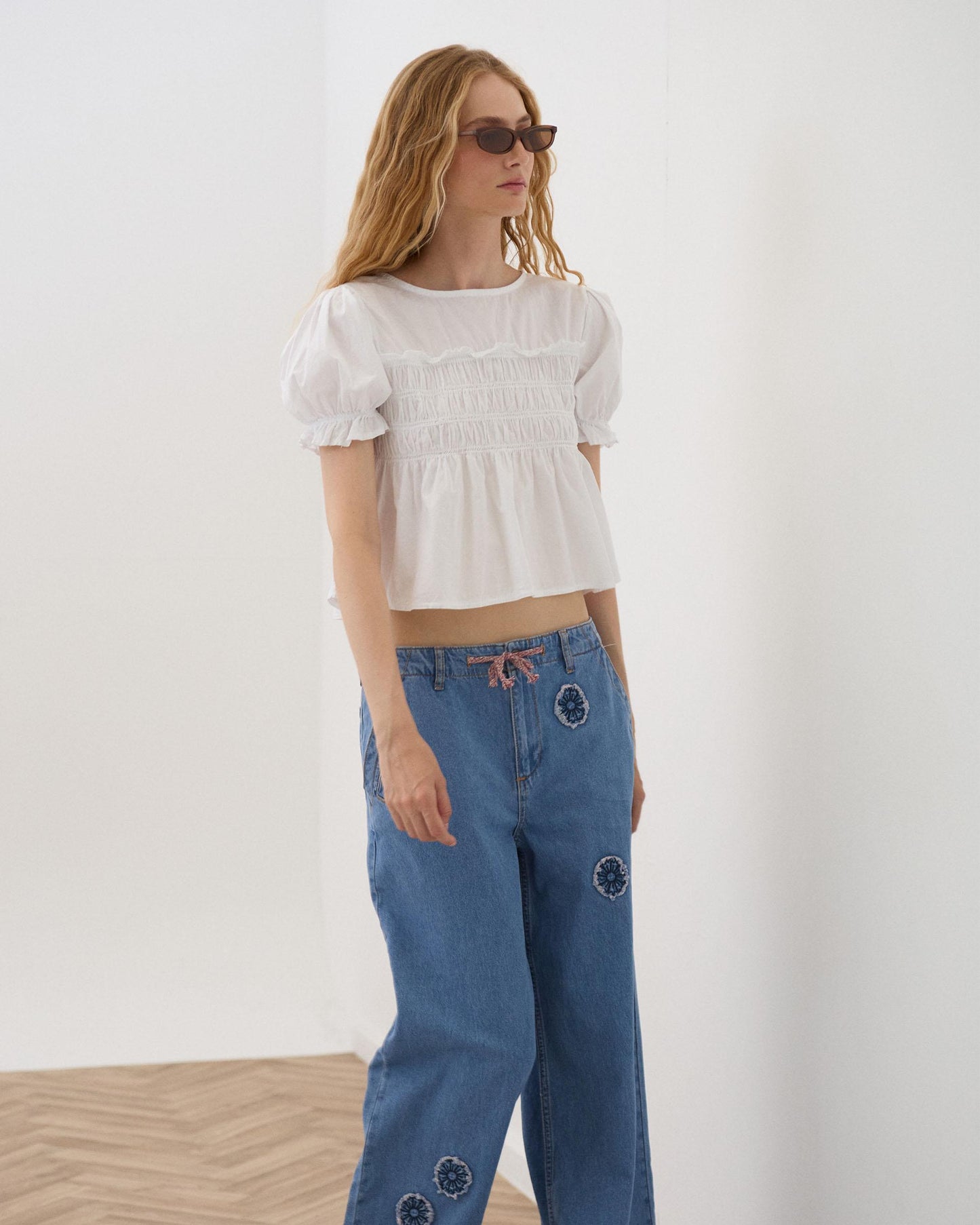Blusa Manga Abullonada Gomas Blanca