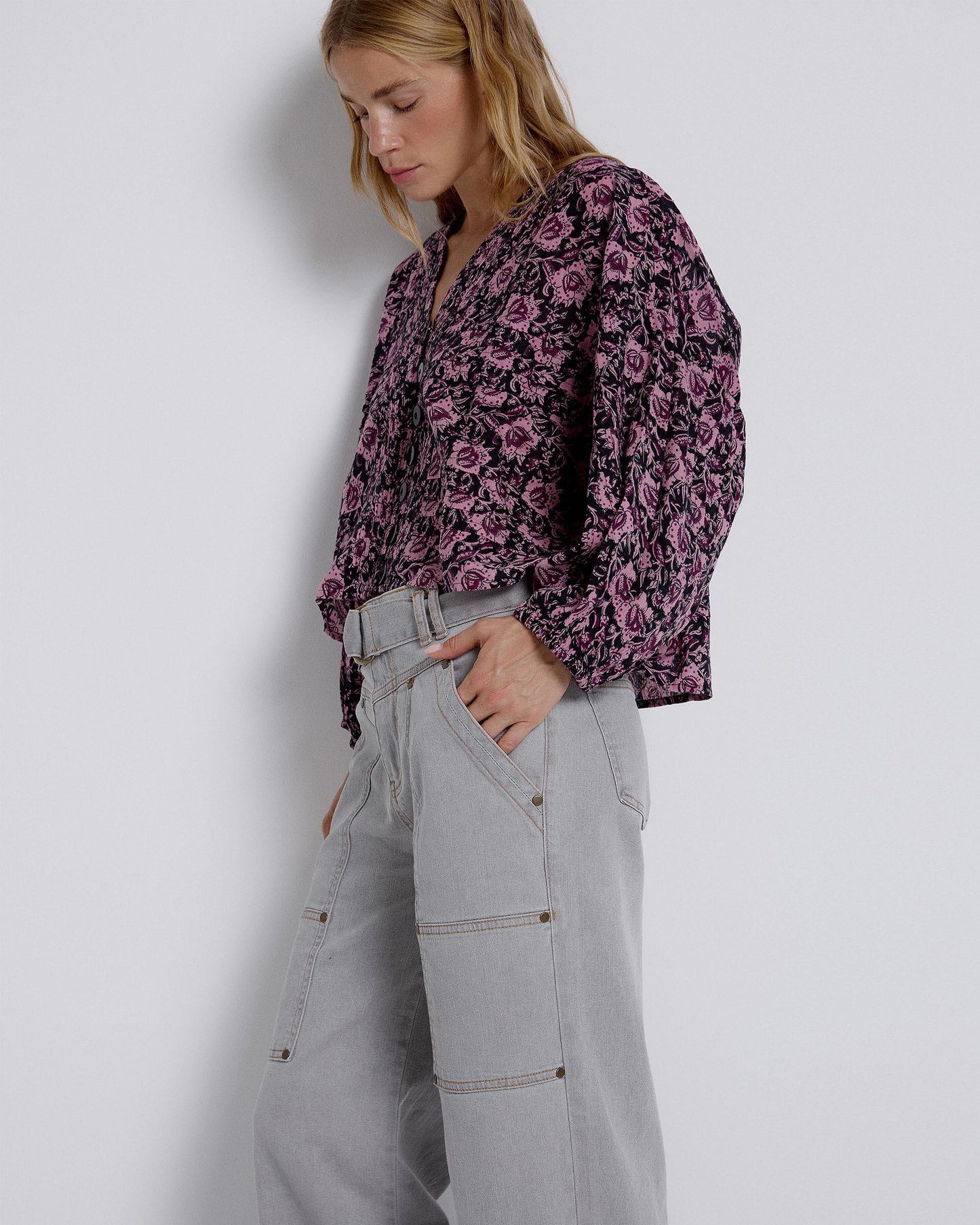 Blusa Plissada Estampada Rosa