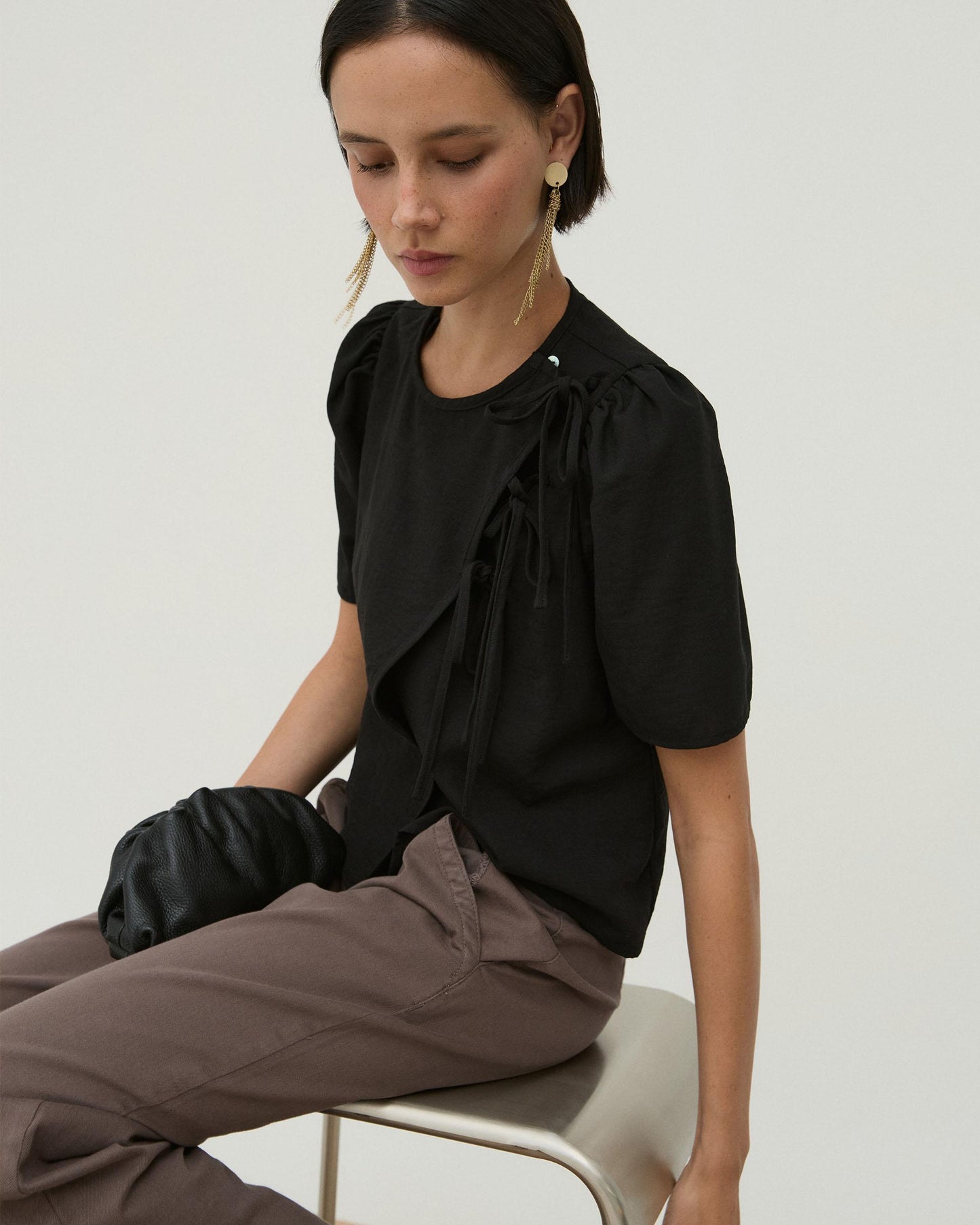 Blusa Lazadas Manga Abullonada Negro