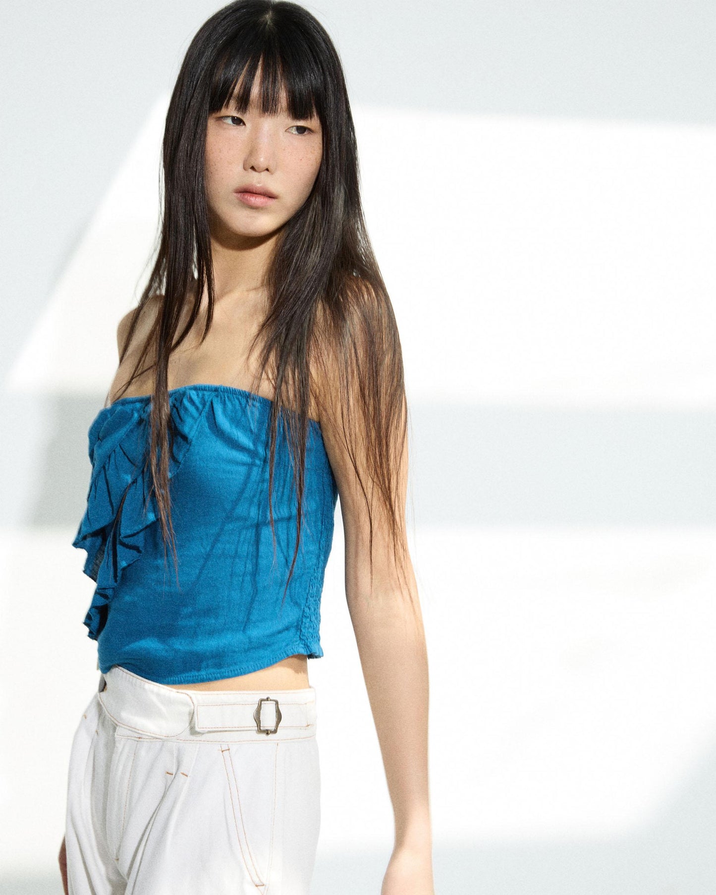 Blue Ruffle Bandeau Top