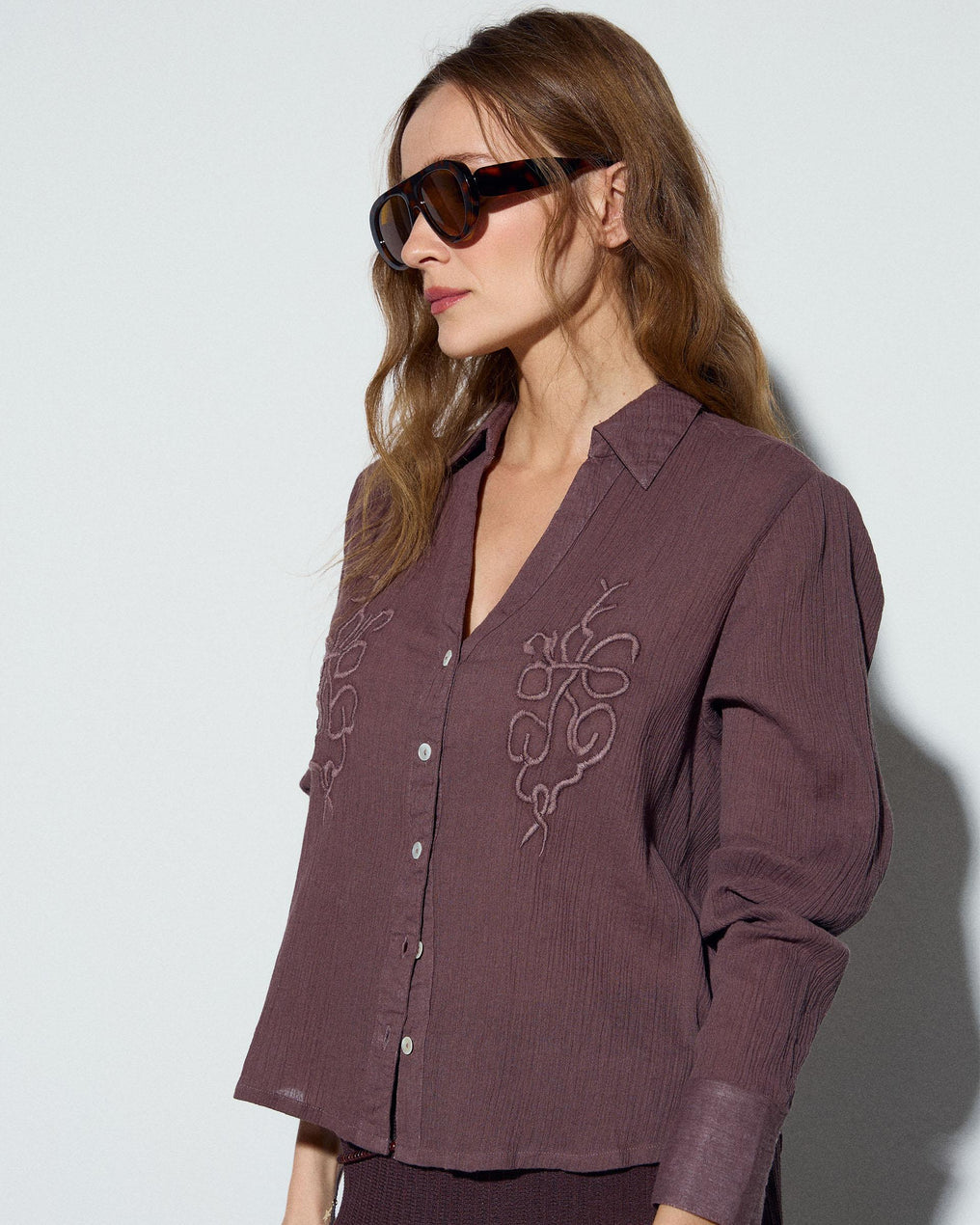 Camisa Bordados Delanteros Marrón