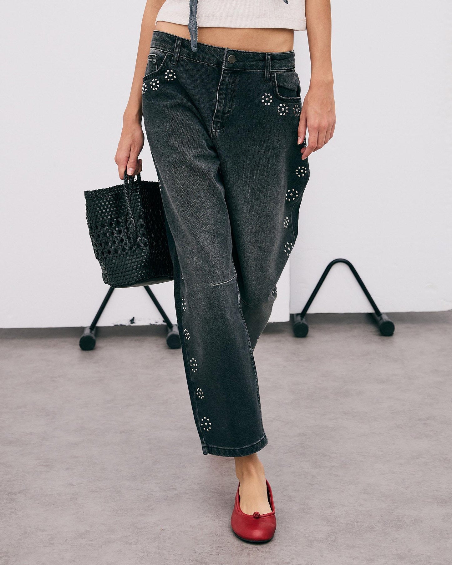 Studded Floral Jeans - Black