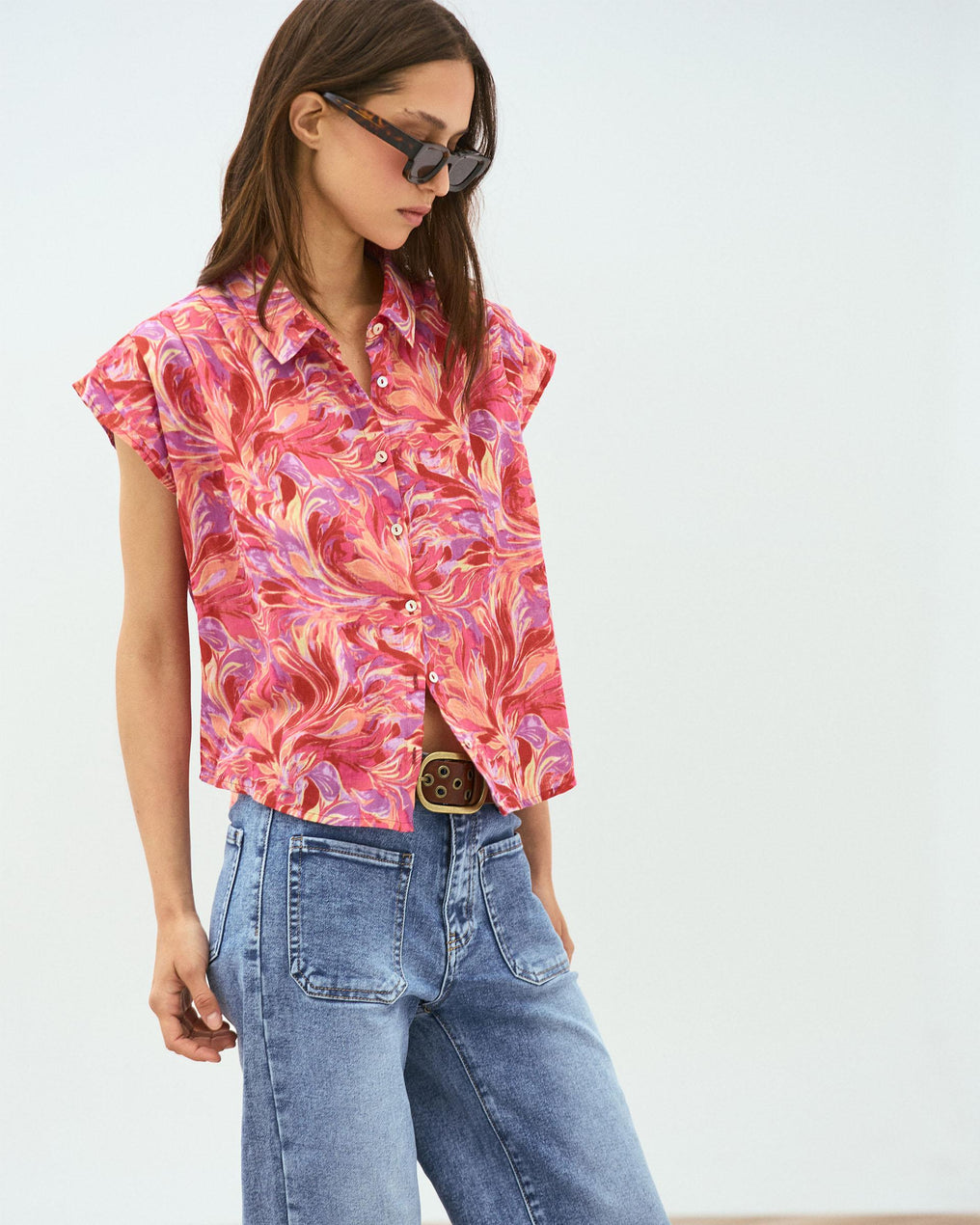 Chemise sans Manches Plis Imprimé Floral Fuchsia