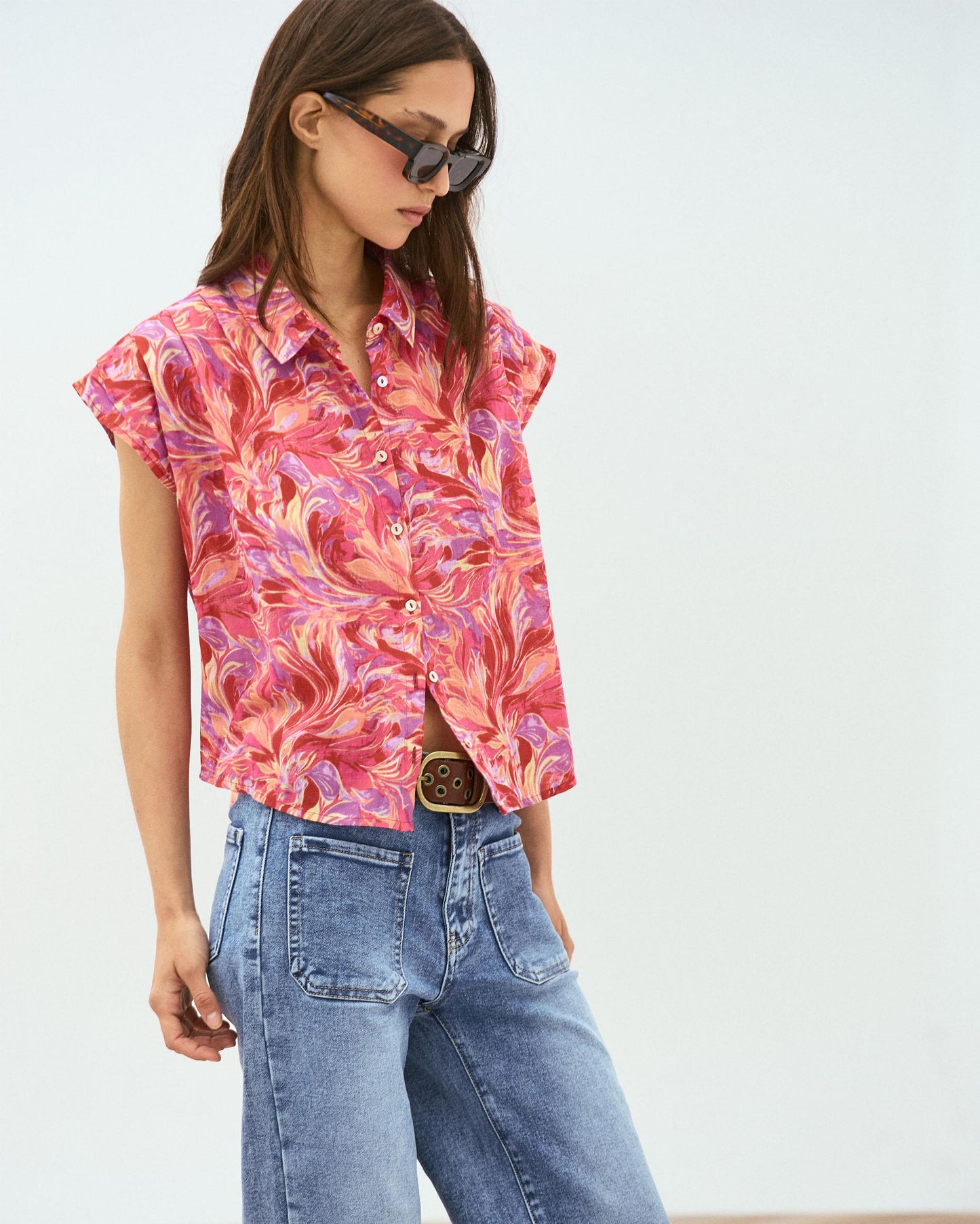 Chemise sans Manches Plis Imprimé Floral Fuchsia
