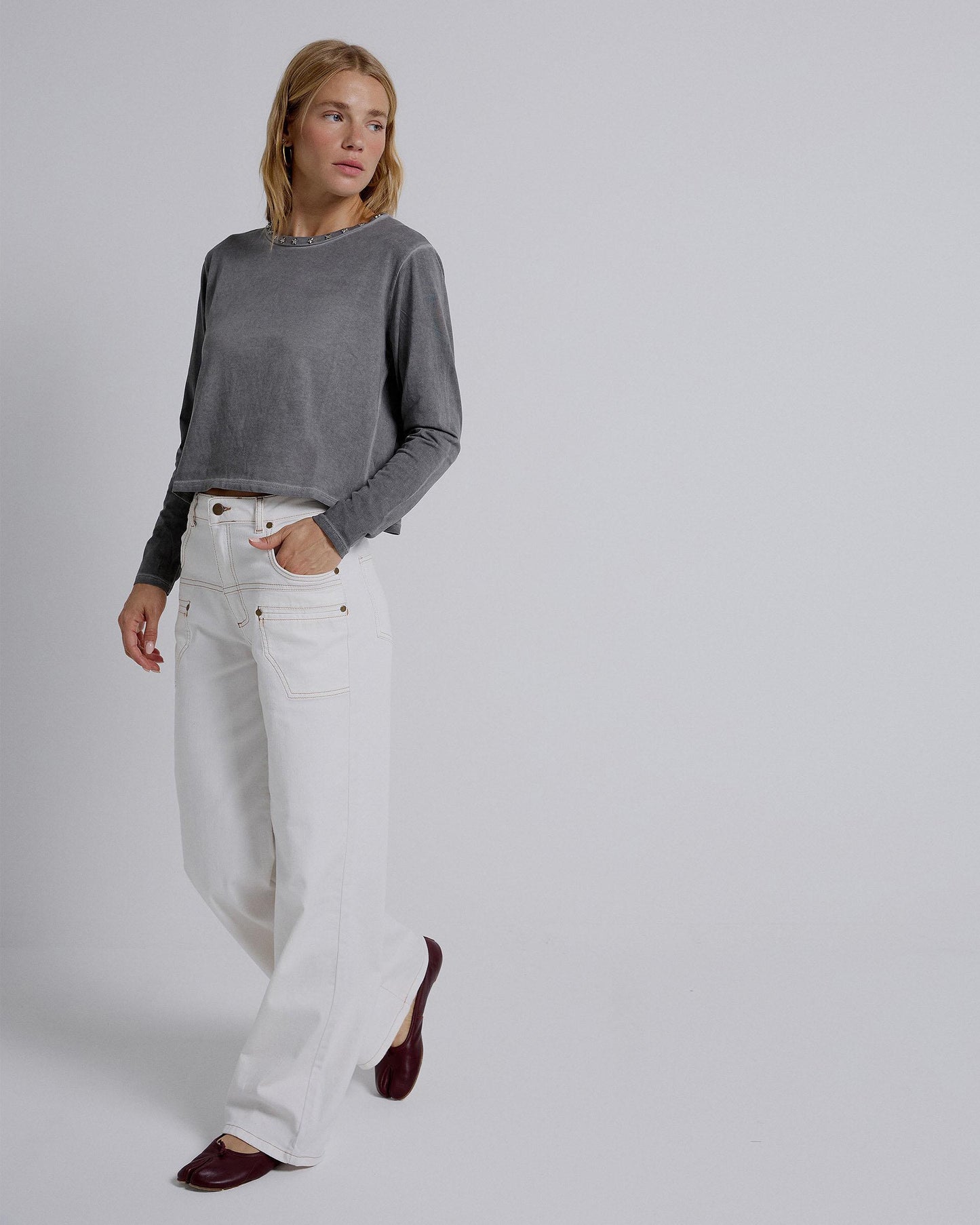 Long Sleeve T-Shirt with Studs and Stars and Anthracite Neck