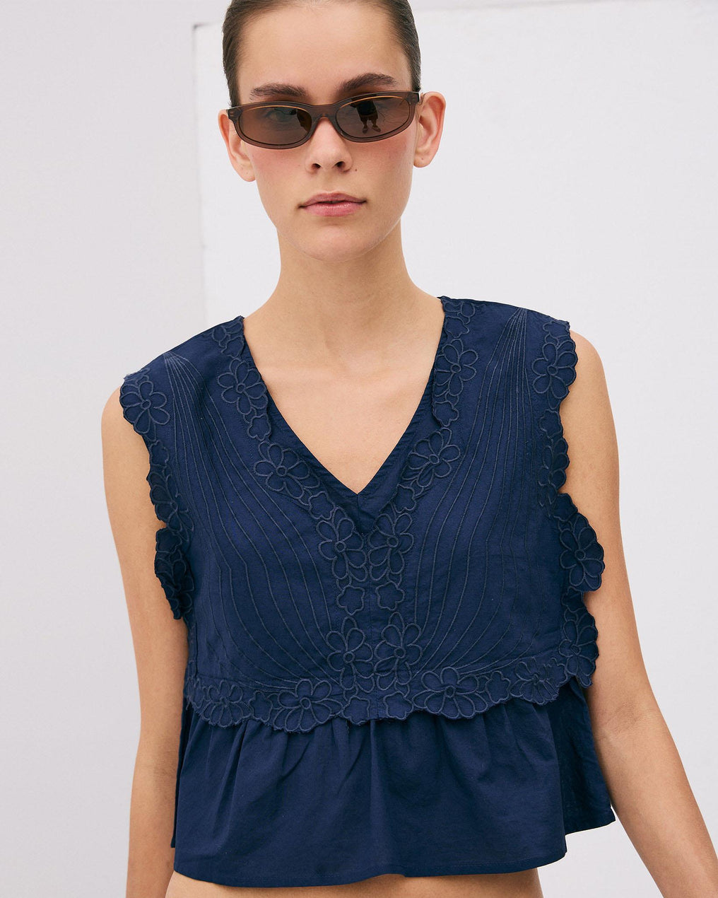 Top Embroidered Flowers Navy Blue