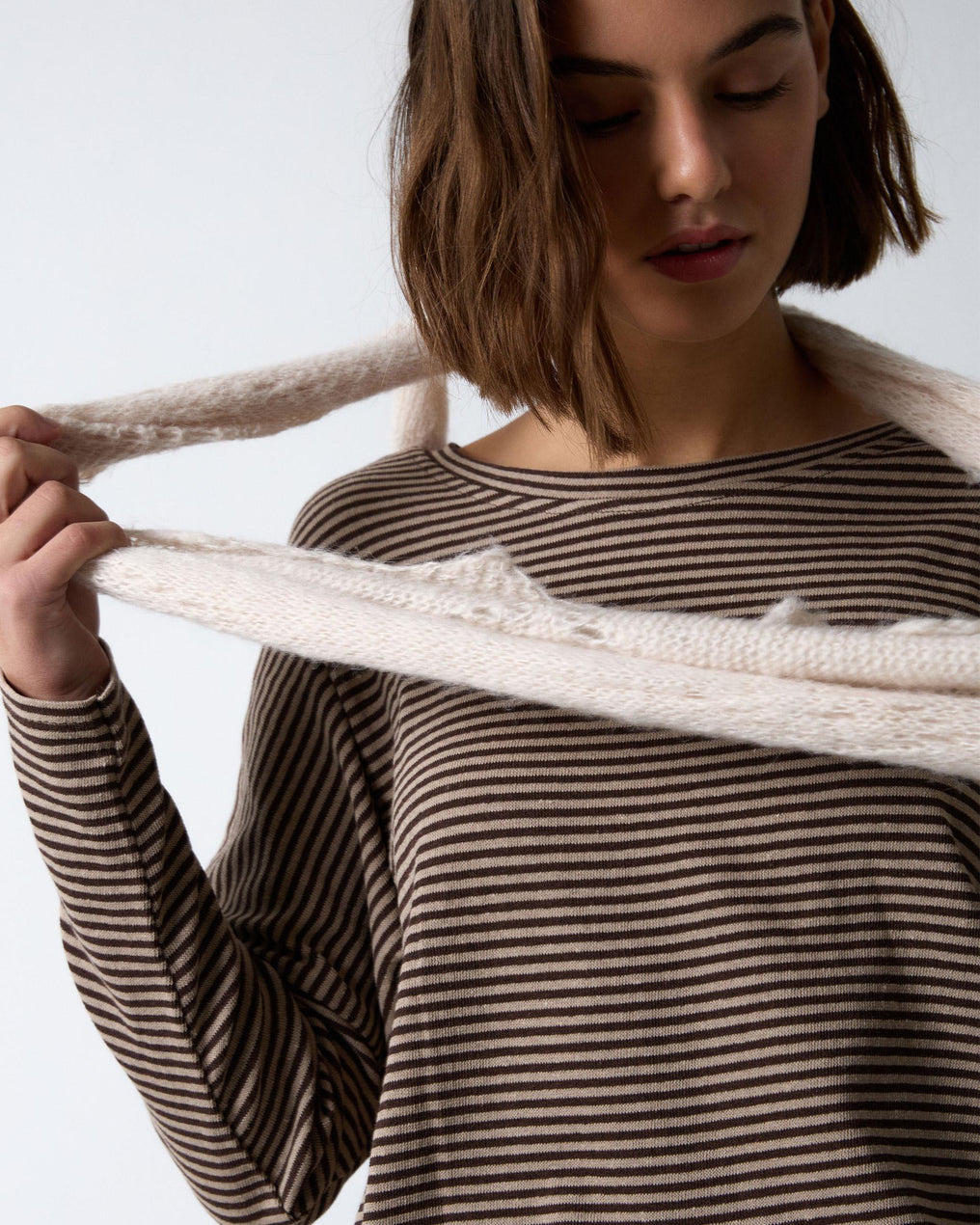 Brown Striped Round Neck T-shirt