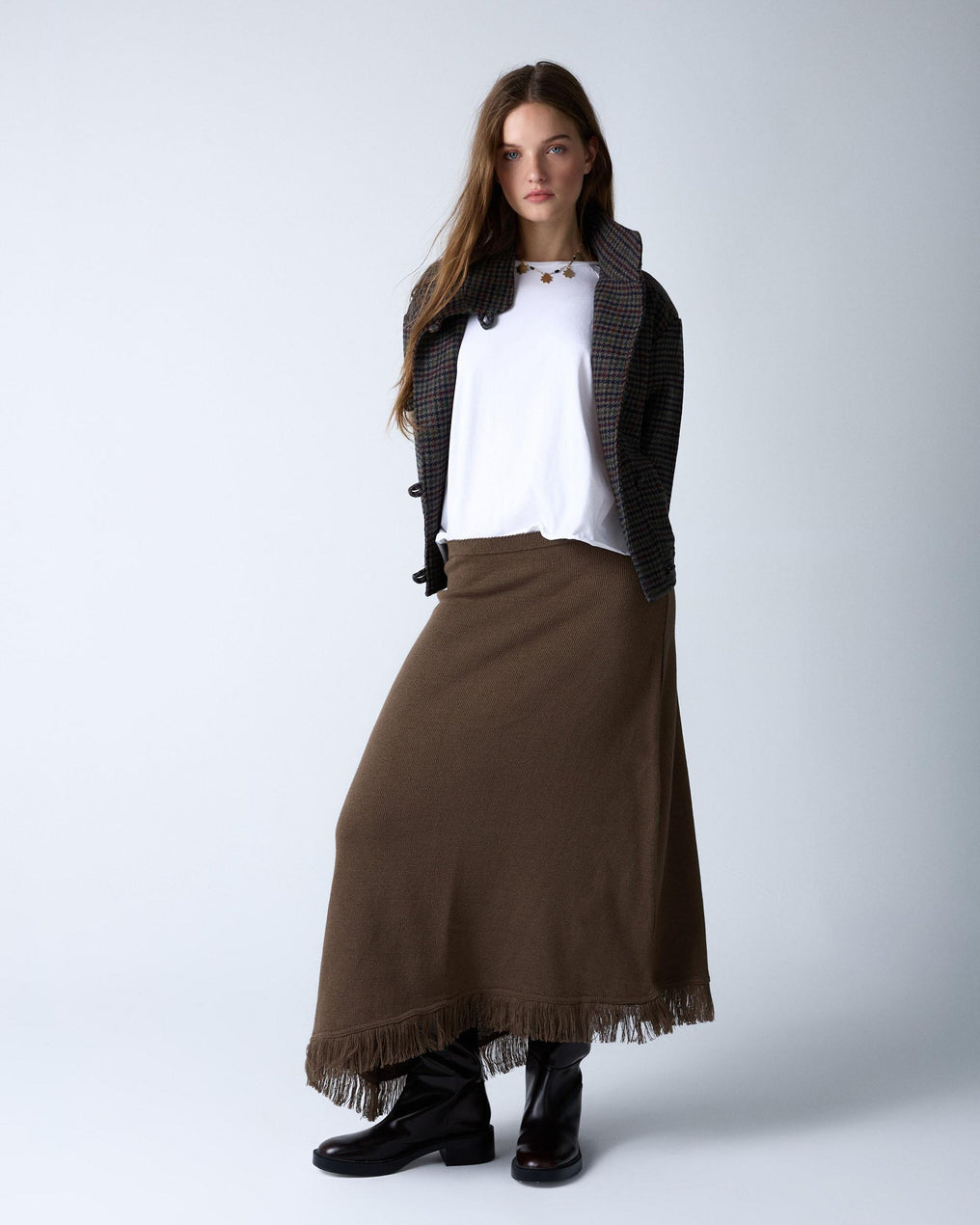 Dark Green Asymmetrical Fringed Knit Skirt