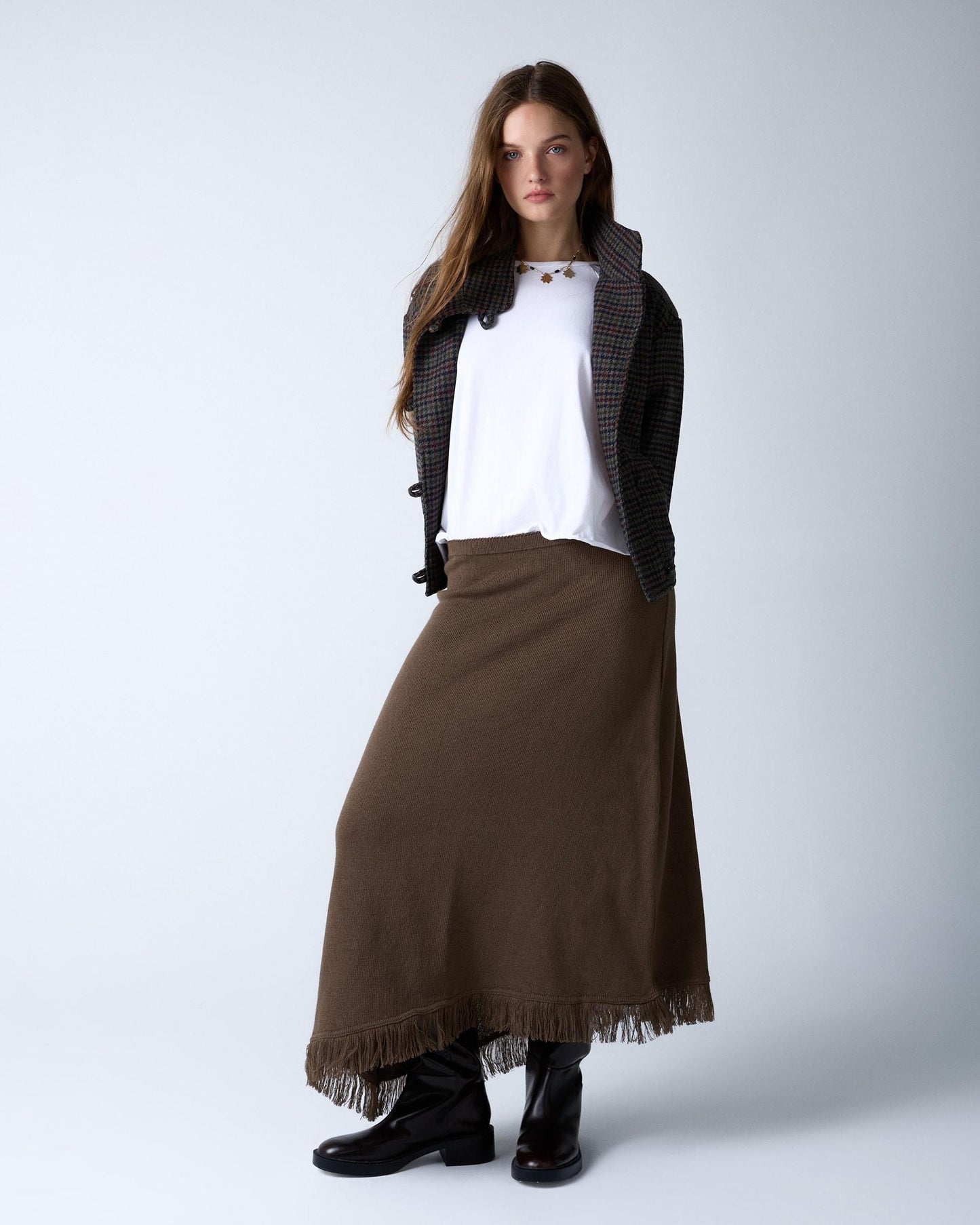 Dark Green Asymmetrical Fringed Knit Skirt