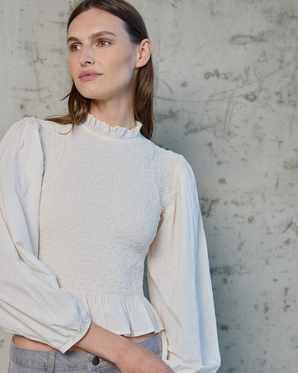 Raw Honeycomb Blouse with Puff Sleeves