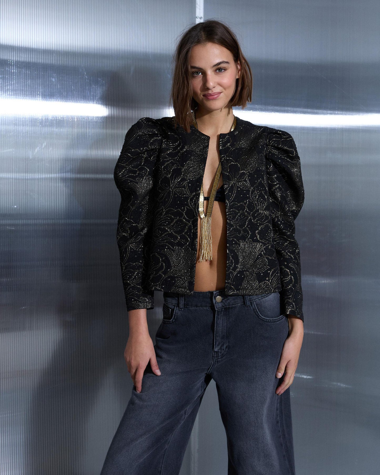 Black Puff Sleeve Jacquard Jacket