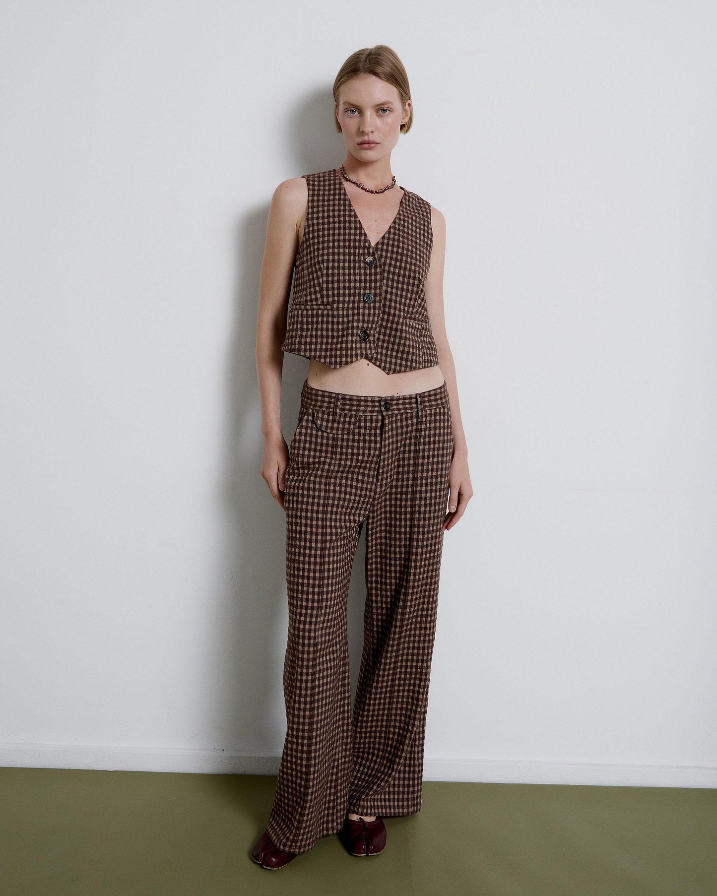 Brown Plaid Lapel Trousers