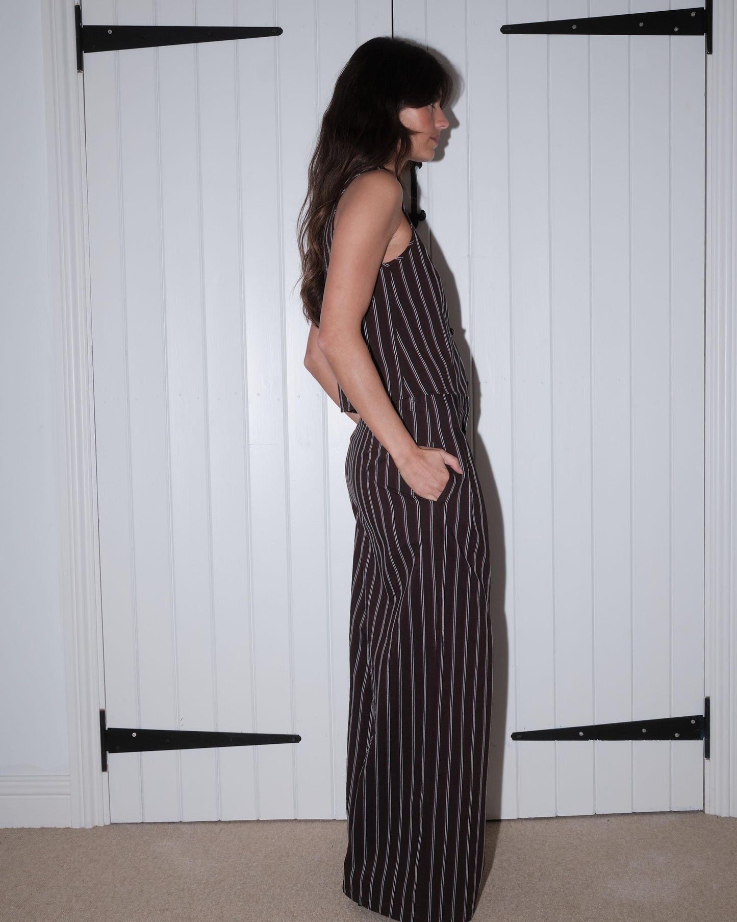 Brown Striped Mao Collar Top