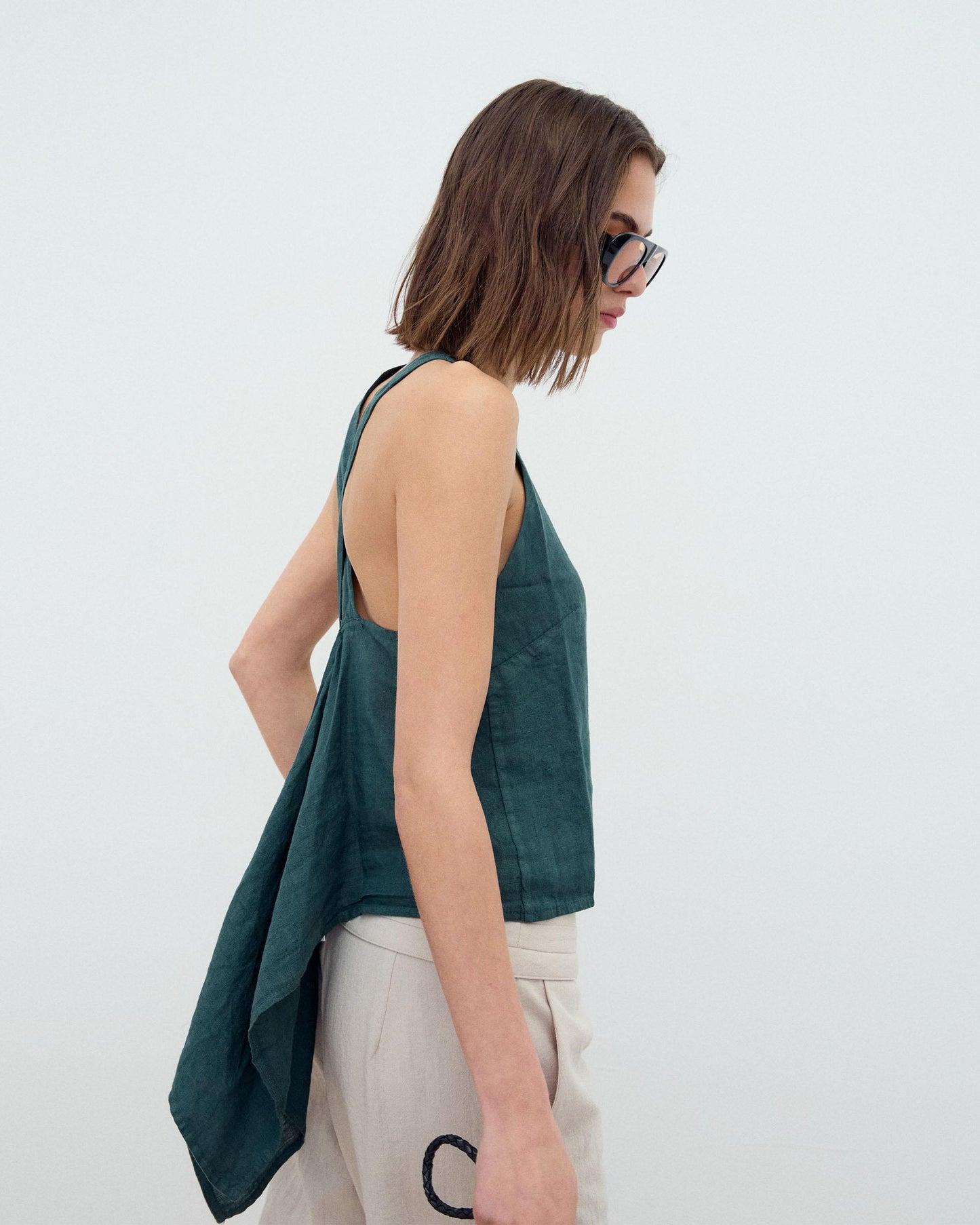 Dark Green Backless Linen Top