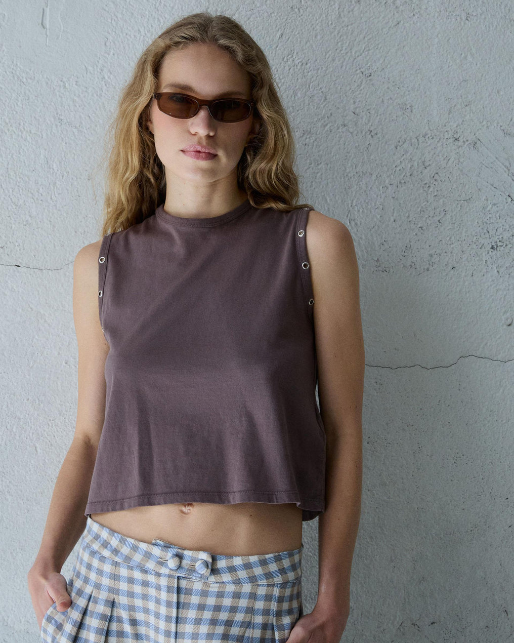 T-shirt sans Manches Eyelets Marron