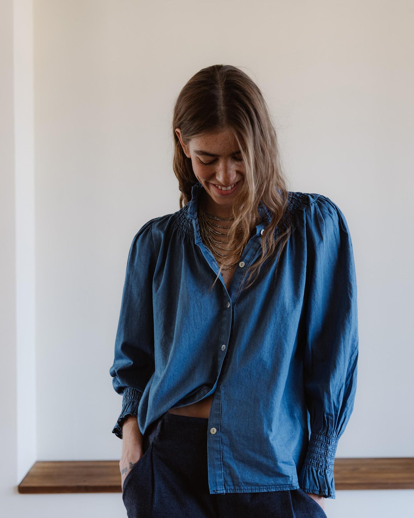 Blouse Col Montant Type Denim Bleu Jean