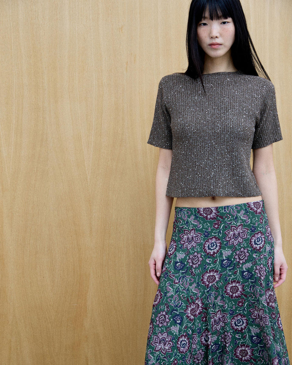Brown Sequin Short Sleeve Top
