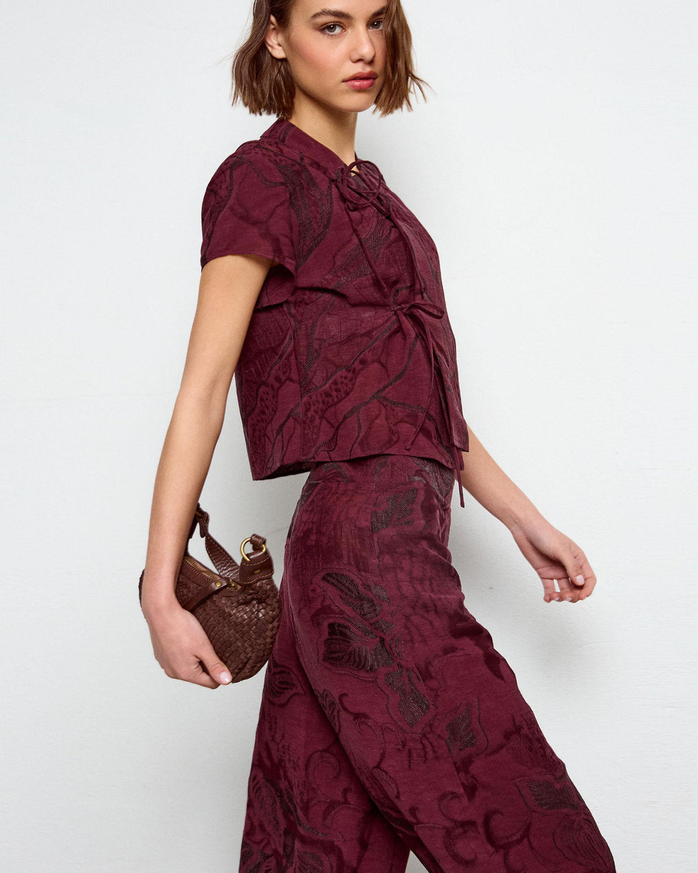 Top Japo de Manga Curta Estampado Granate