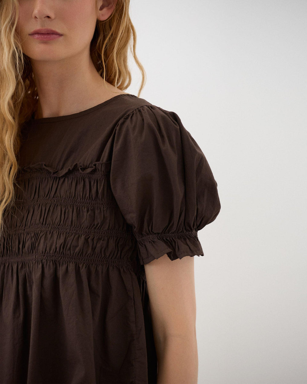Puff Sleeve Smocked Blouse Brown