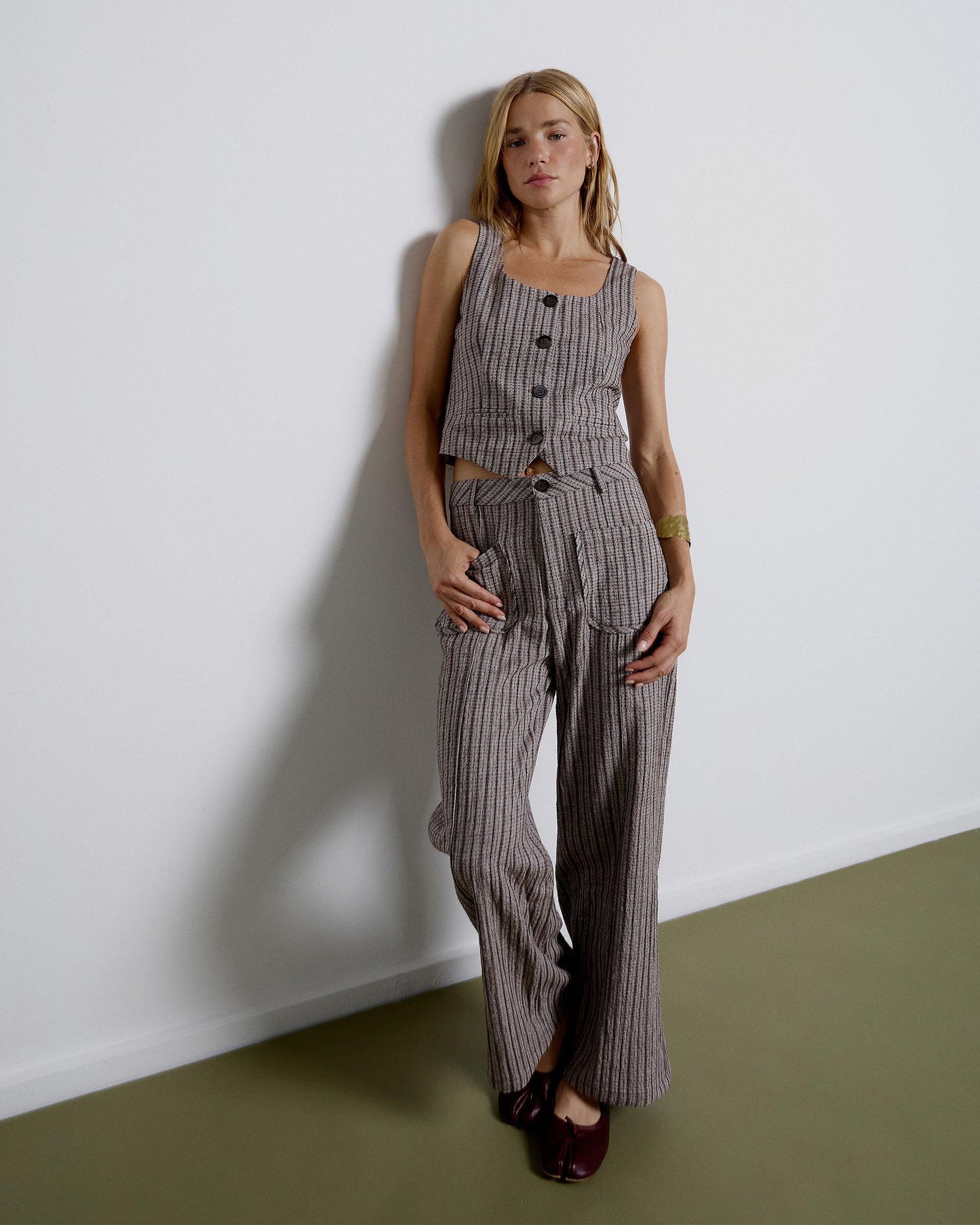 Striped Pants with Brown Patch Pockets