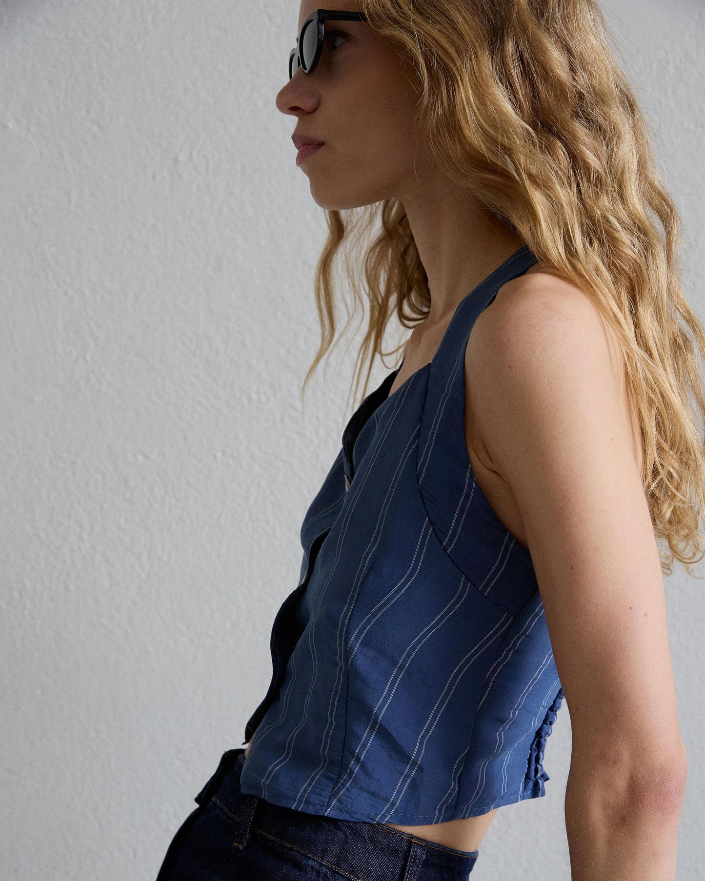 Top Botones Rayas Azul