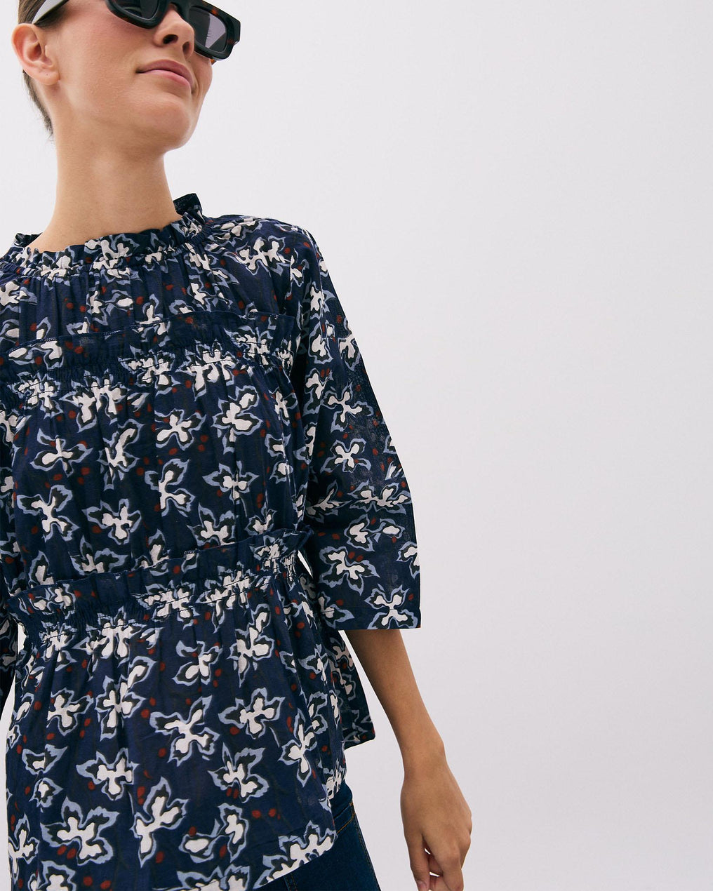 Navy Blue Floral Print Long Sleeve Blouse with Gathers