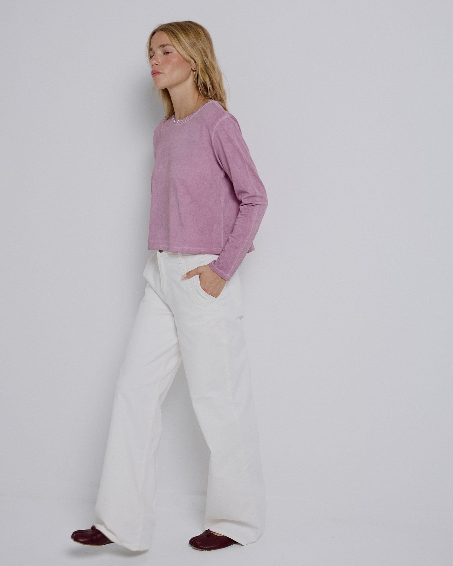 Long Sleeve T-Shirt with Studs and Stars and Pink Neck