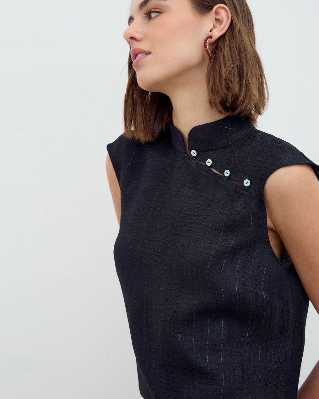 Sleeveless Blouse Side Buttons Lurex Stripe Black