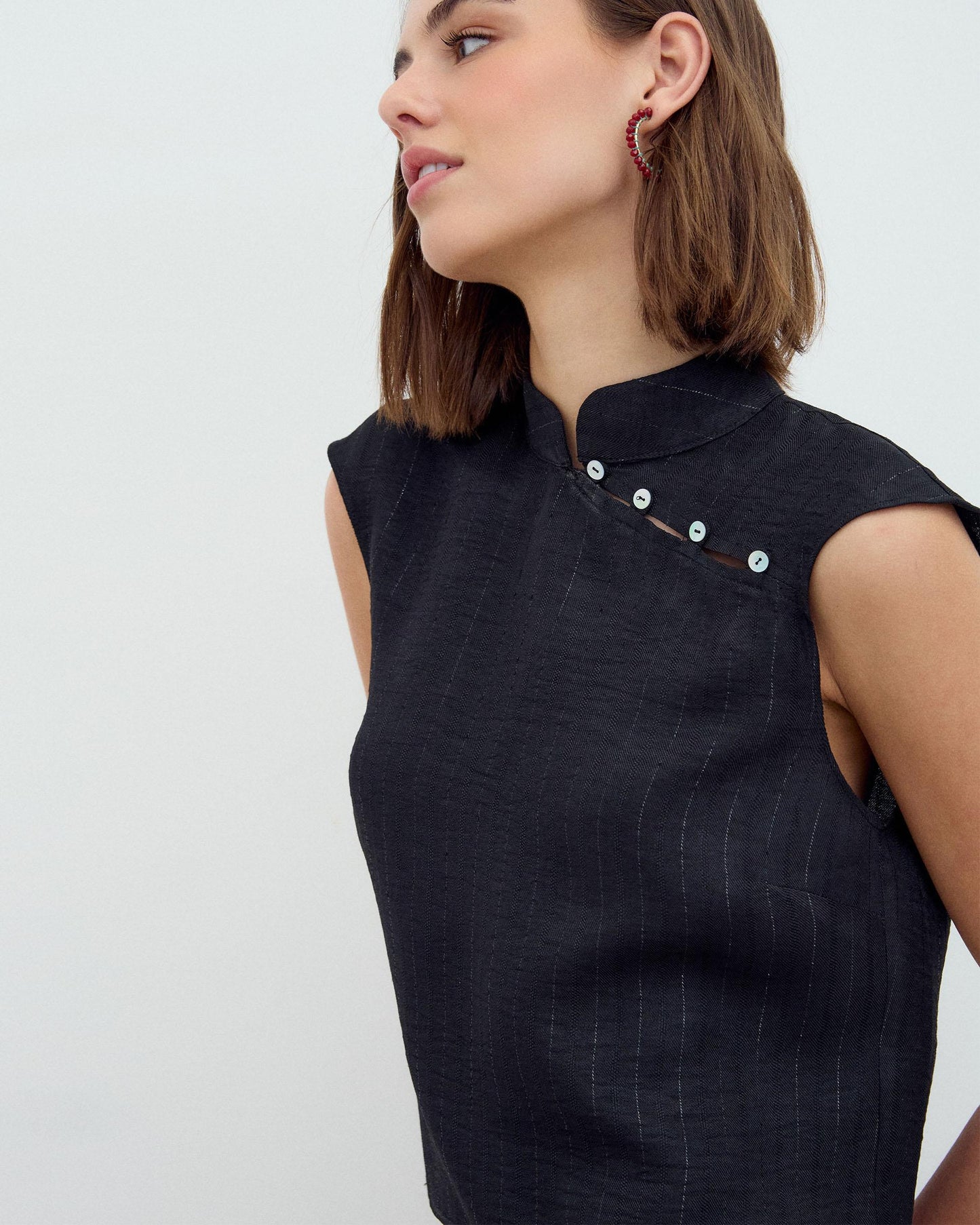 Sleeveless Blouse Side Buttons Lurex Stripe Black