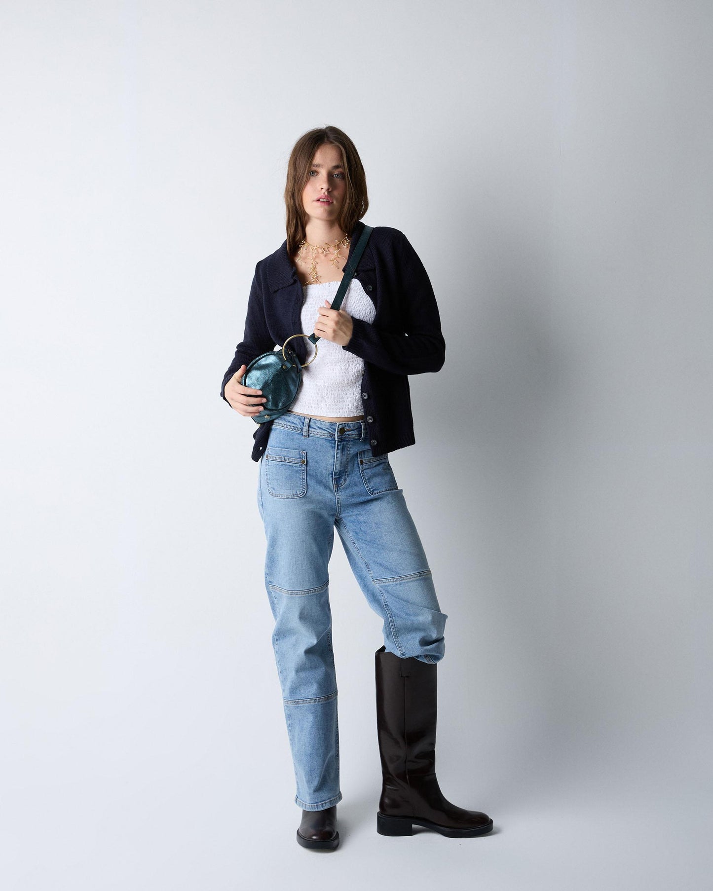 Honeycomb Blouse with White Back Neckline