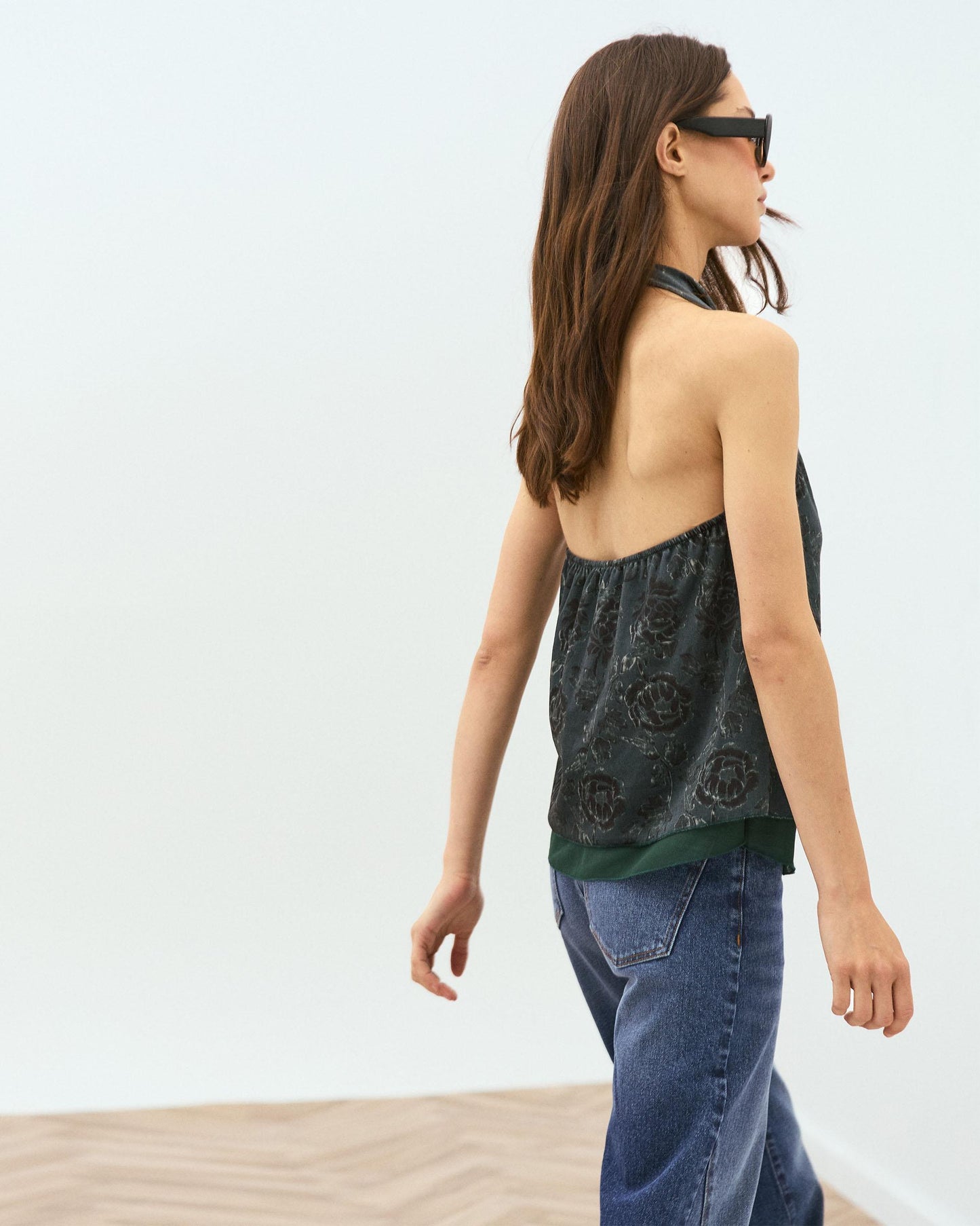 Top Halter Terciopelo Estampado Floral Verde Oscuro
