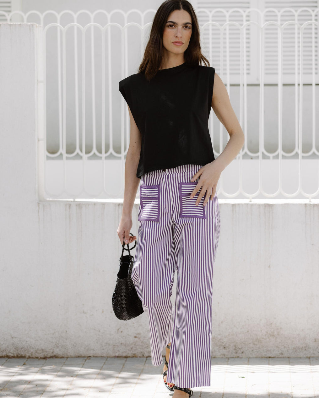 Jeans Riscas Bolsos Contraste Roxo