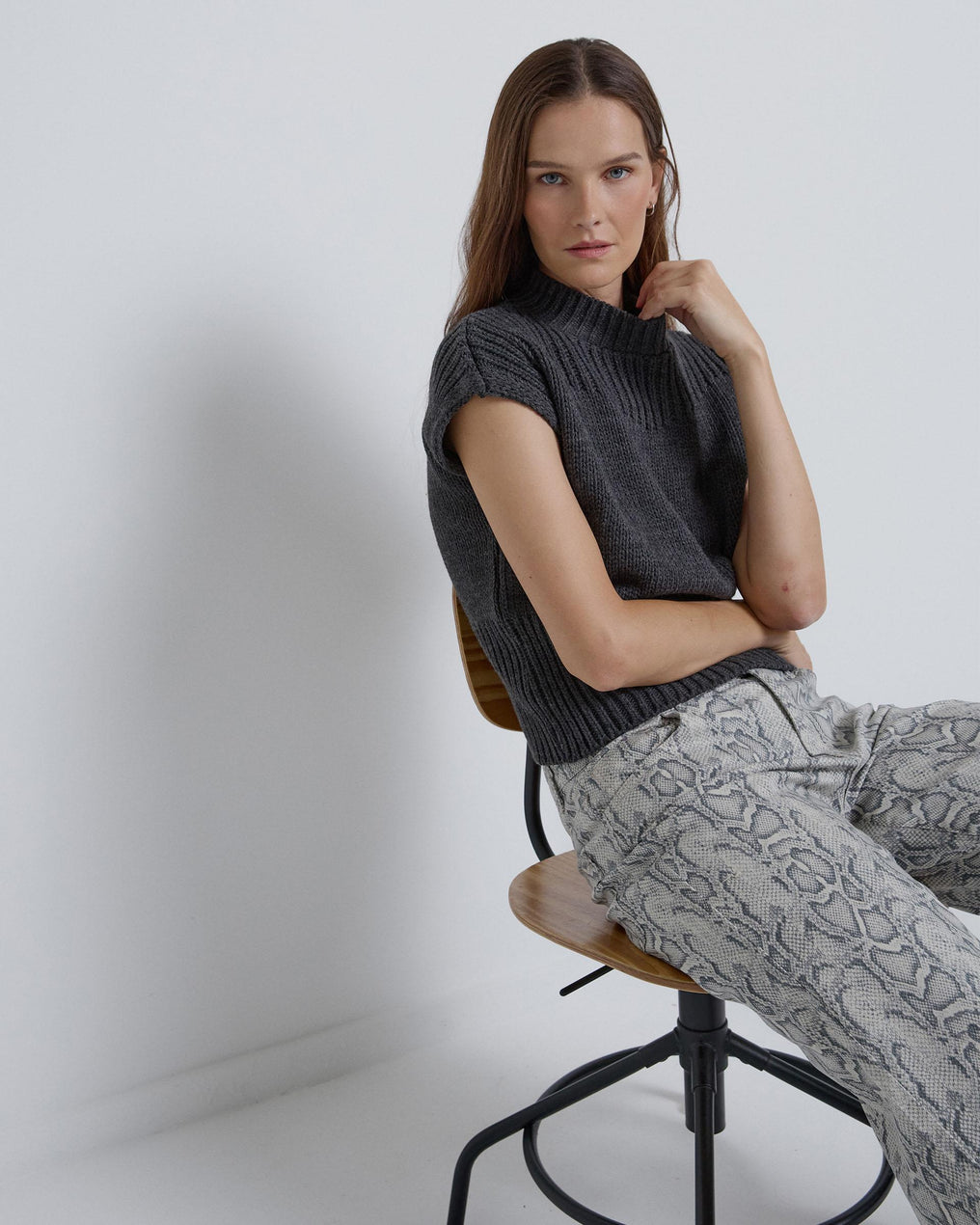 Anthracite Chunky Knit High Neck Vest