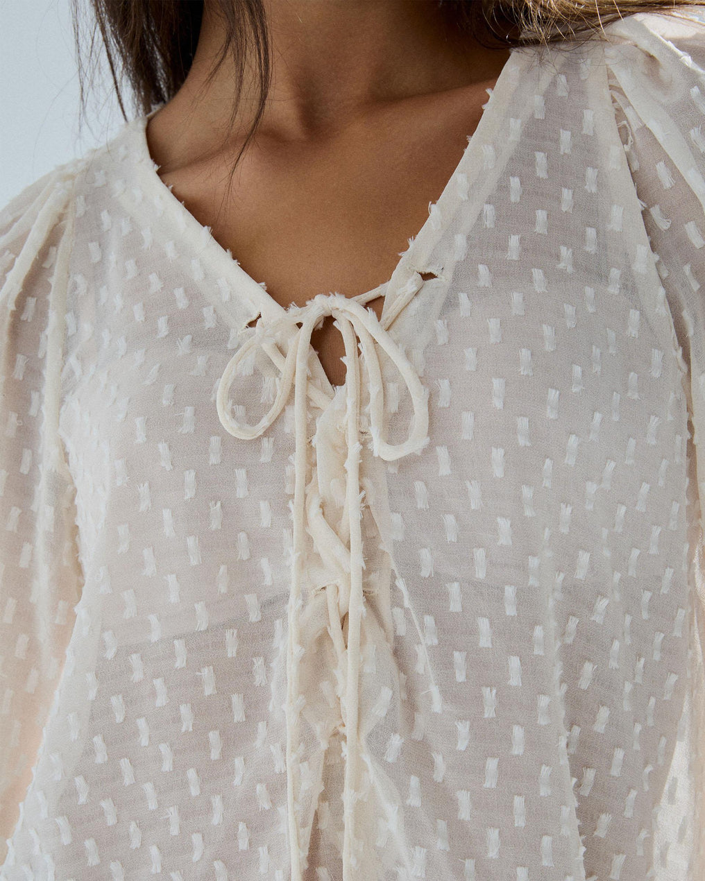 White Swiss-Dot Tie Blouse