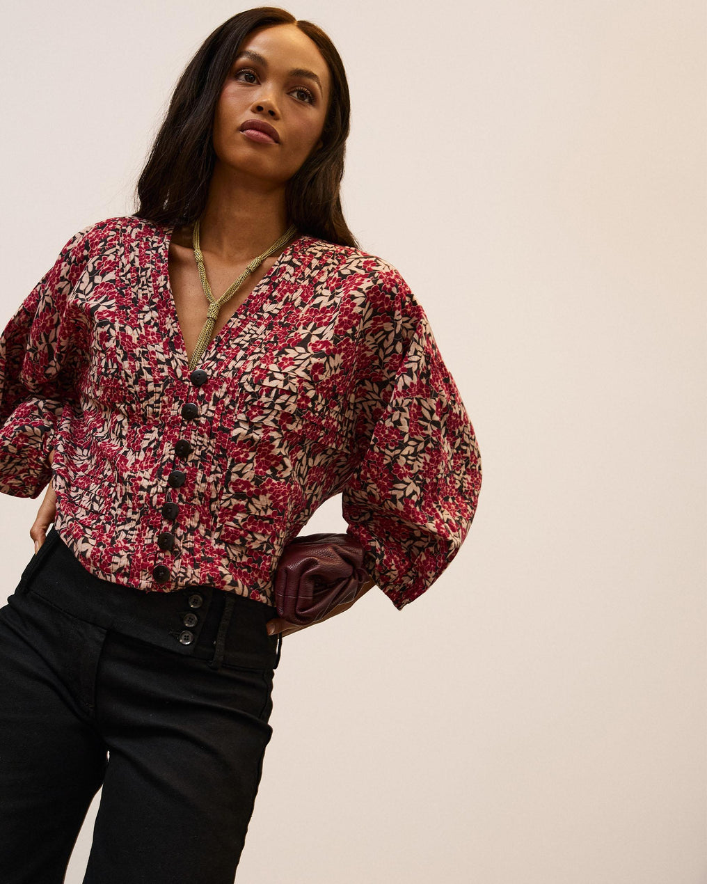 Blouse Plissée à Imprimé Floral Grenat