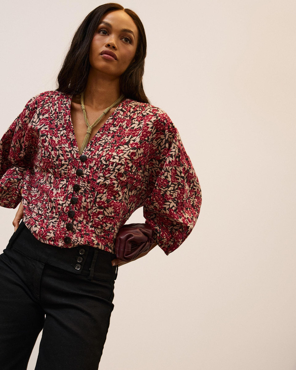 Blouse Plissée à Imprimé Floral Grenat