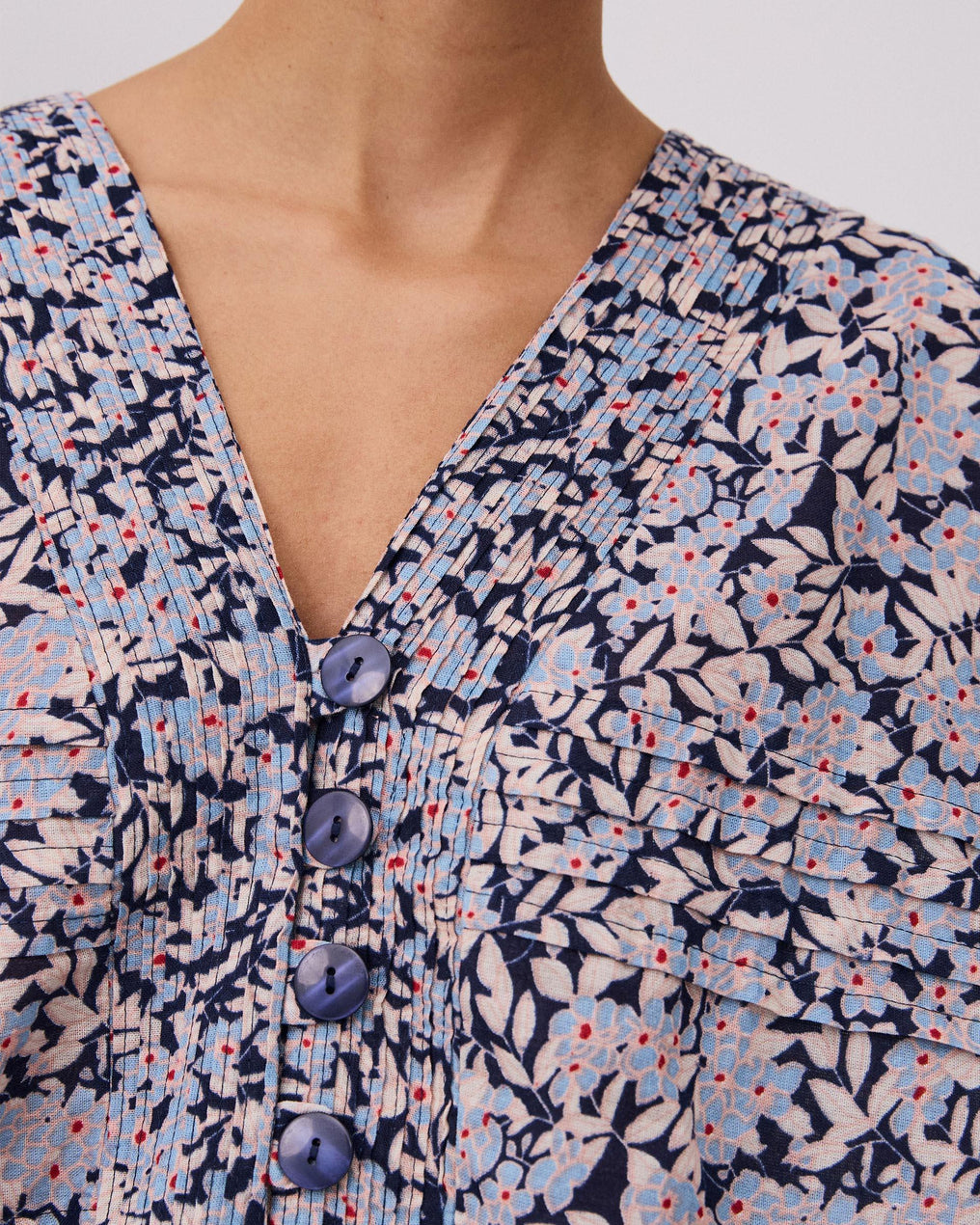 Blue Floral Print Pleated Blouse