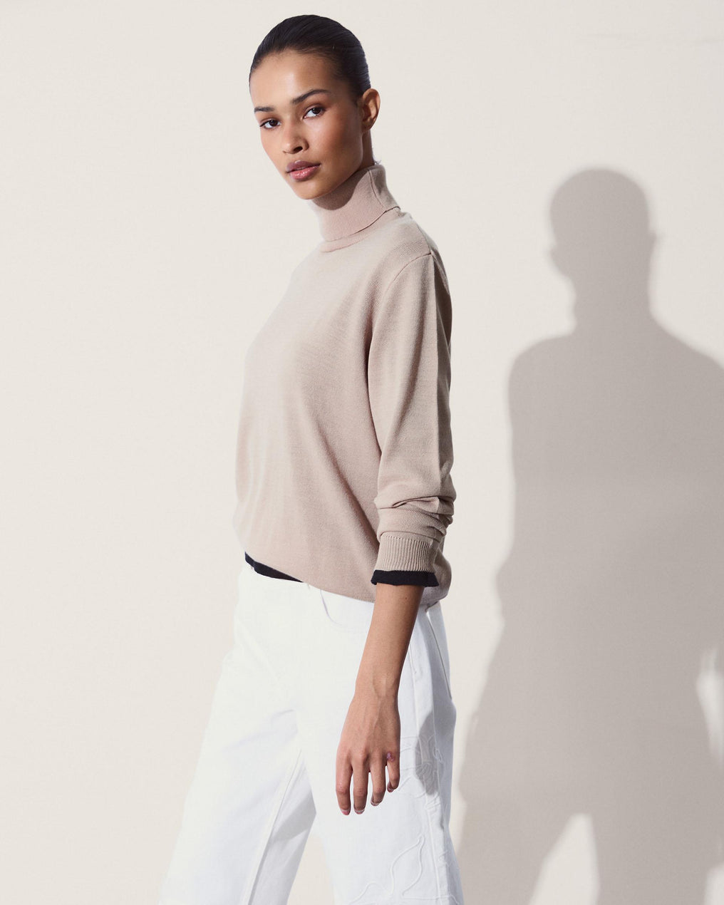 Jersey Punto Fino Cuello Vuelto Beige
