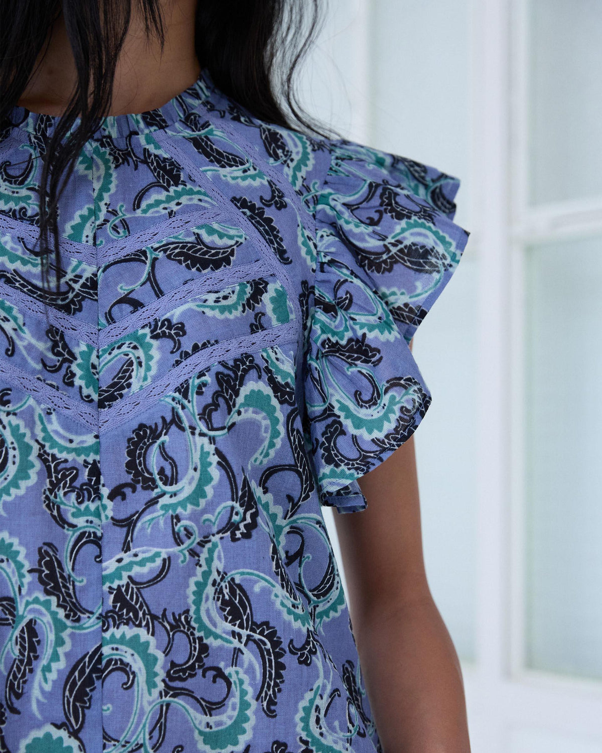 Blusa Manga Curta Volantes Rendas Padrão Azul