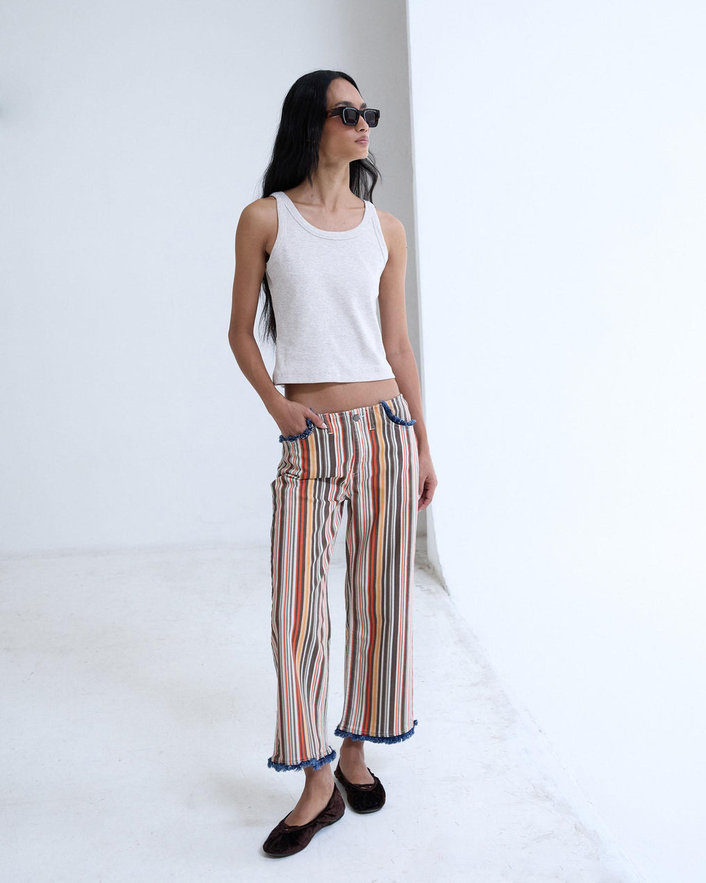 Jeans Effilochés Rayures Multicolore