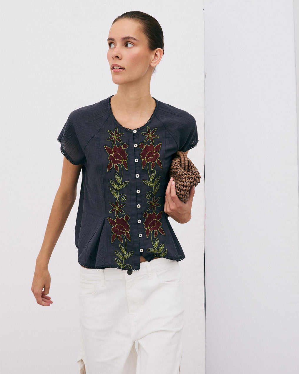 Anthracite Floral Embroidered Sleeveless Blouse