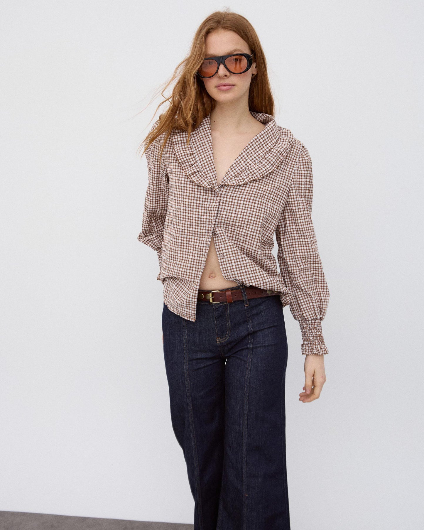 Blusa Folho Gola Vichy Castanho