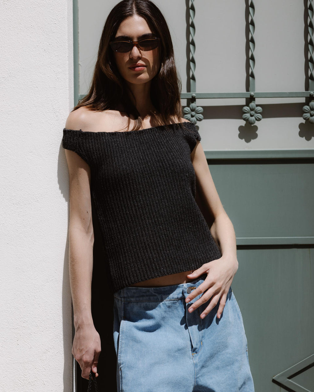 Anthracite Lurex Bardot Neck Knit Top