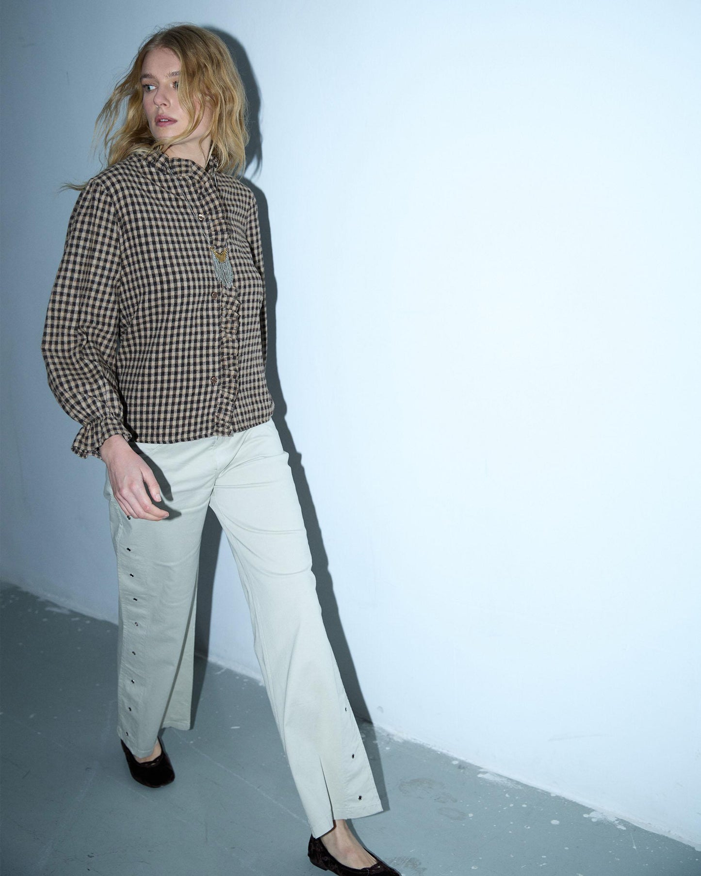 Plaid Blouse with Mandarin Collar and Ruffle, Brown