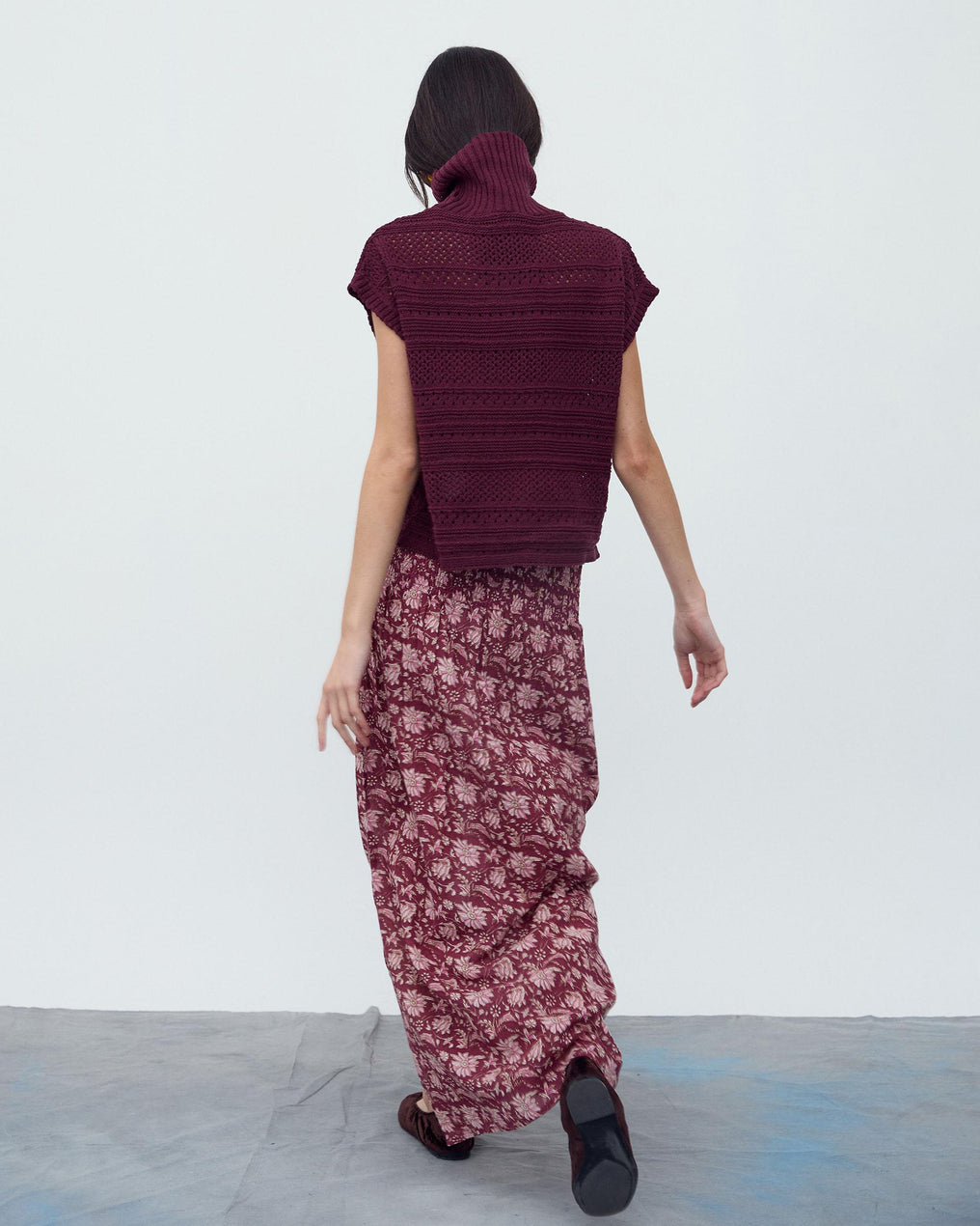 Falda Larga Nido De Abeja Estampado Floral Granate