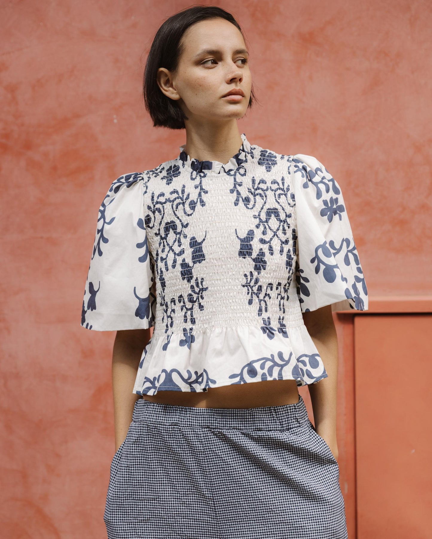 Top Nido De Abeja Manga Abullonada Estampado Blanco