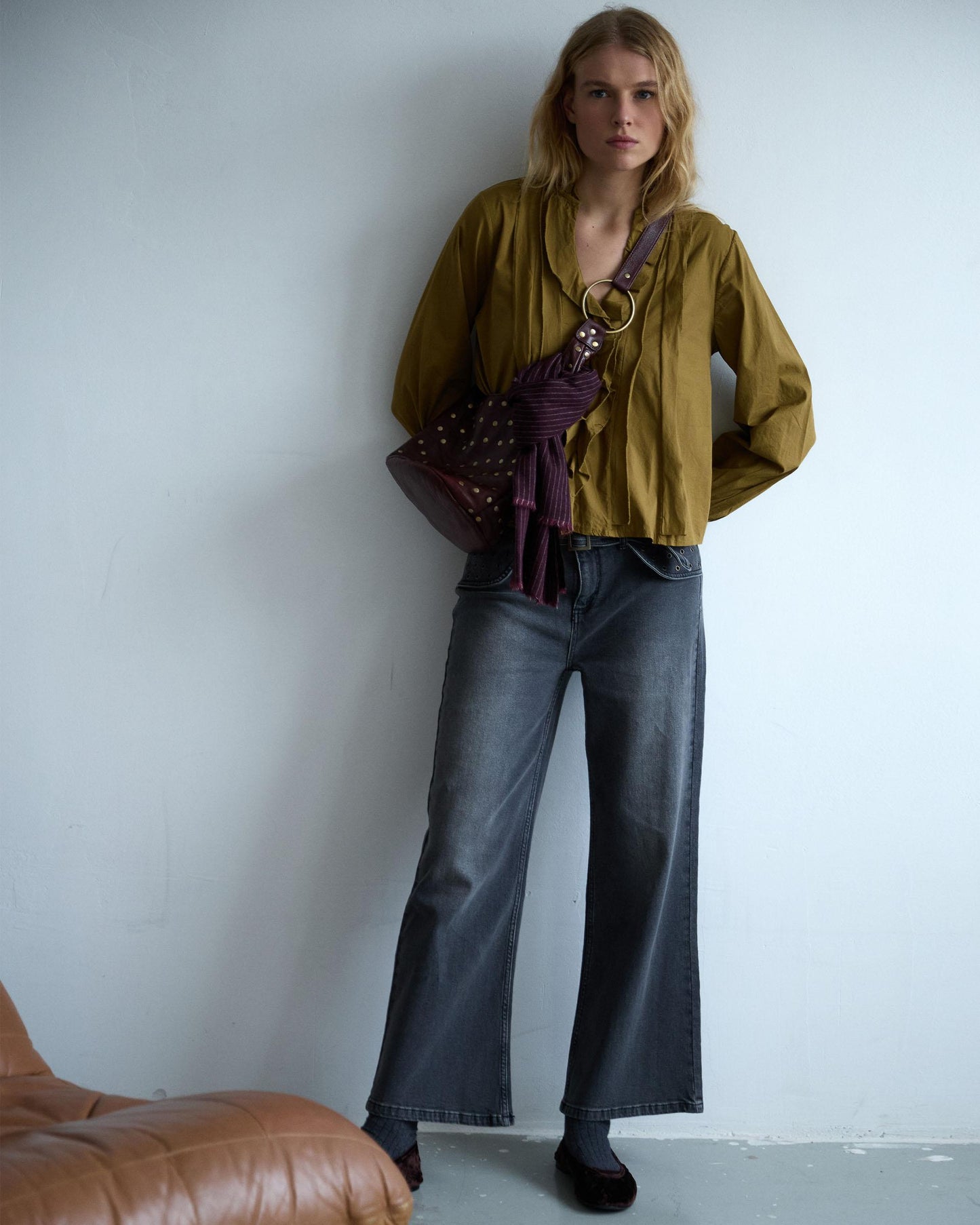 Green V-Neck Ruffle Blouse