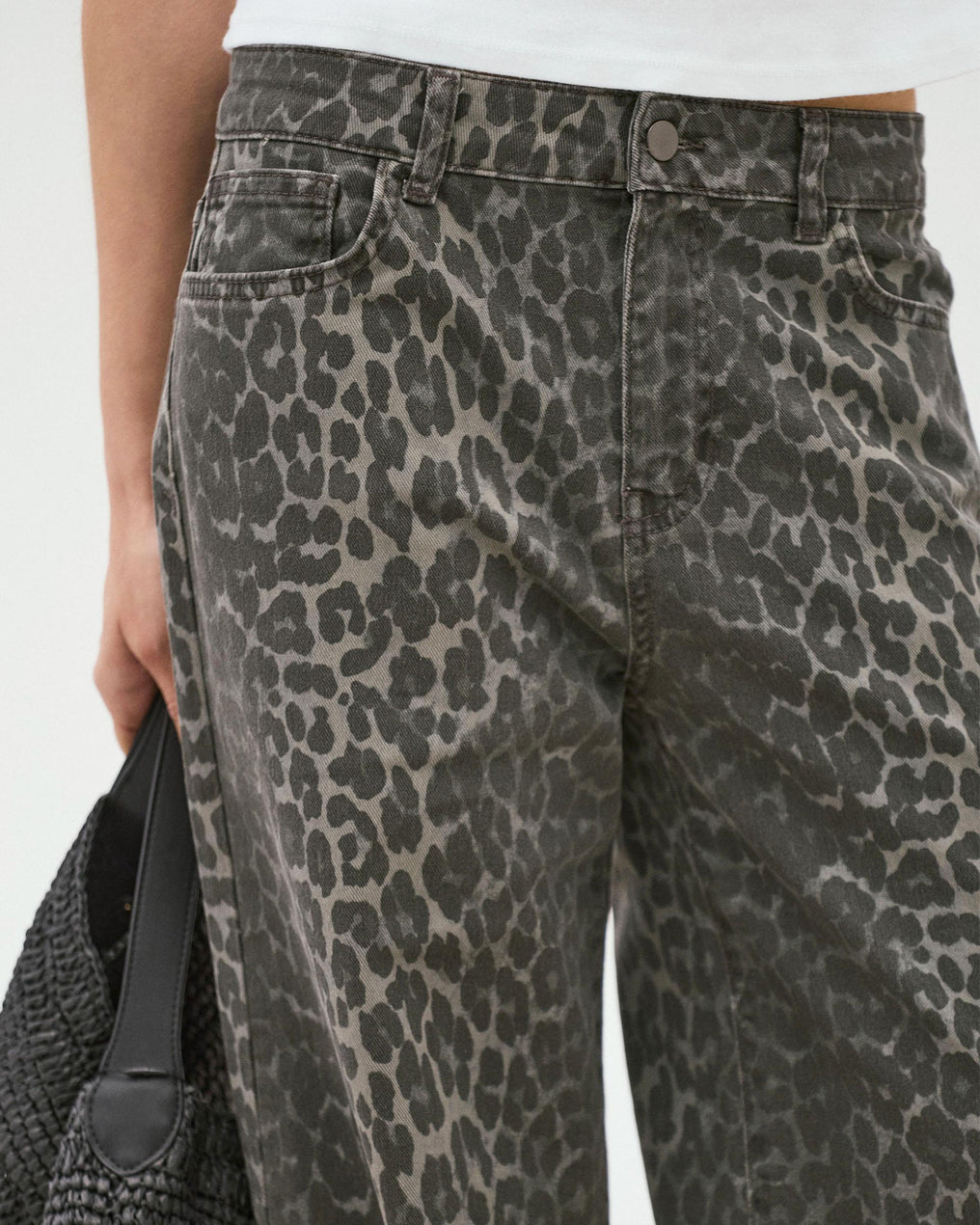 Jeans Wide Leg Animal Print Cinzento